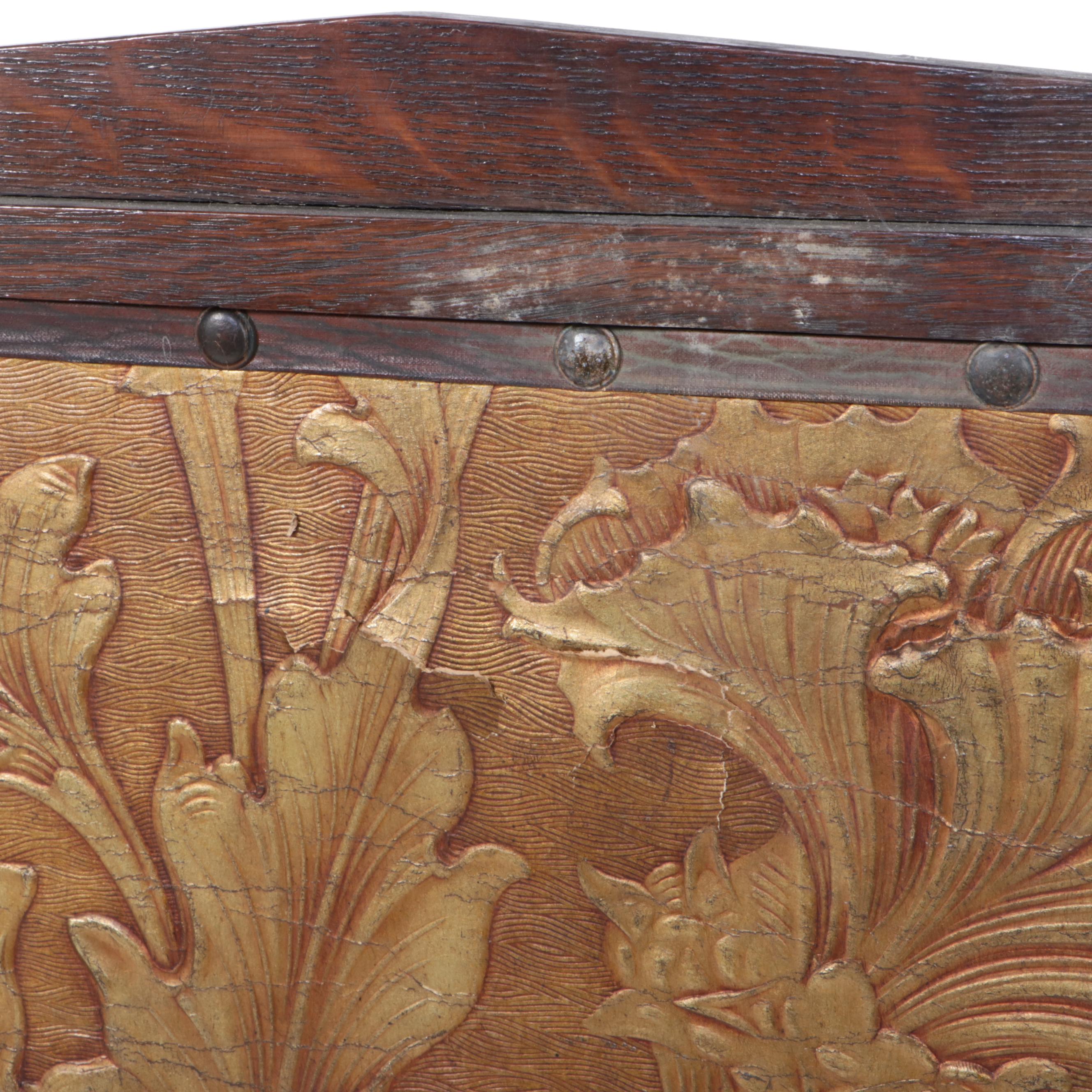 Arts & Crafts Oak and Embossed Paperboard-on-Canvas Three-Fold Screen