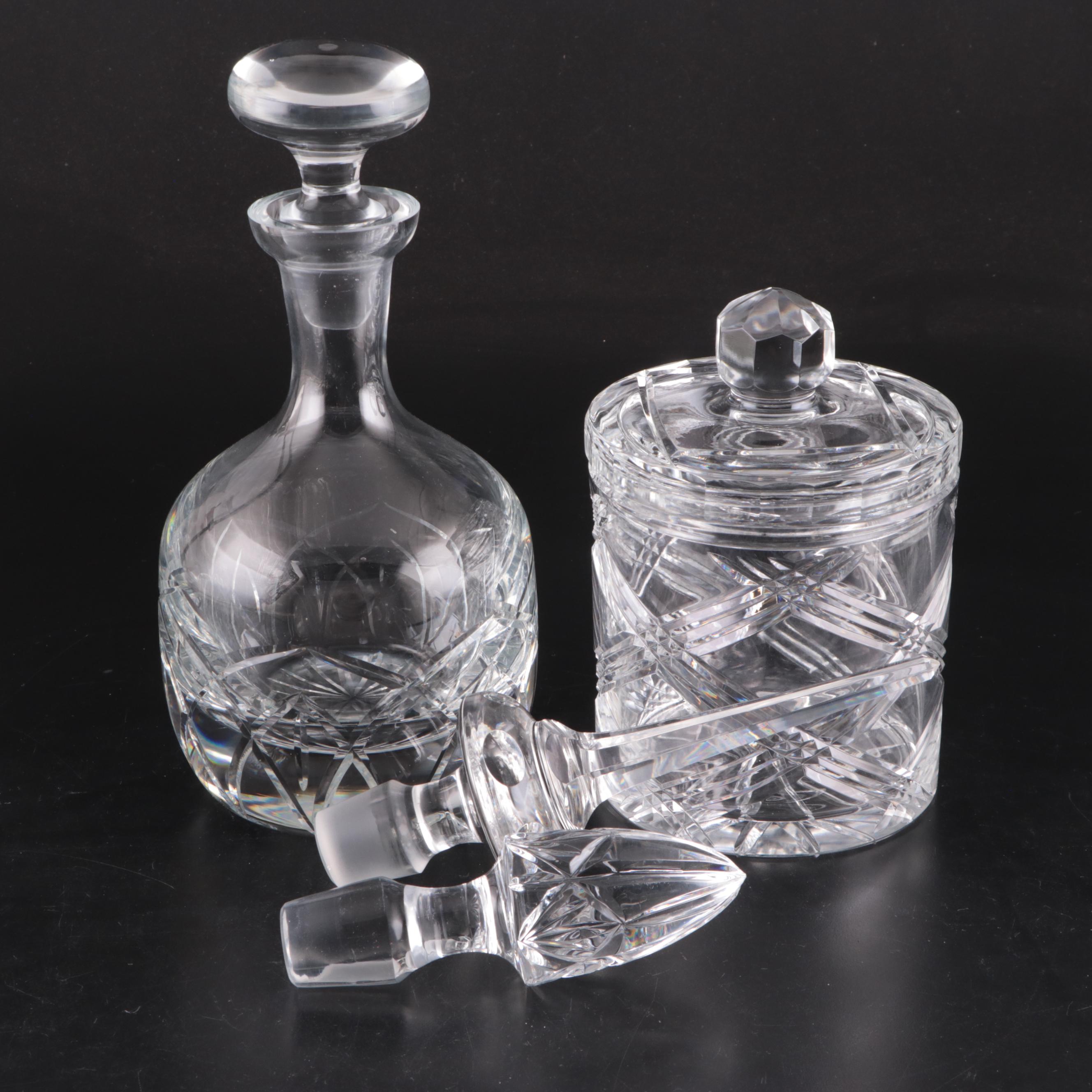 Block Crystal Decanter and Other Stoppers with Cut Crystal Biscuit Barrel