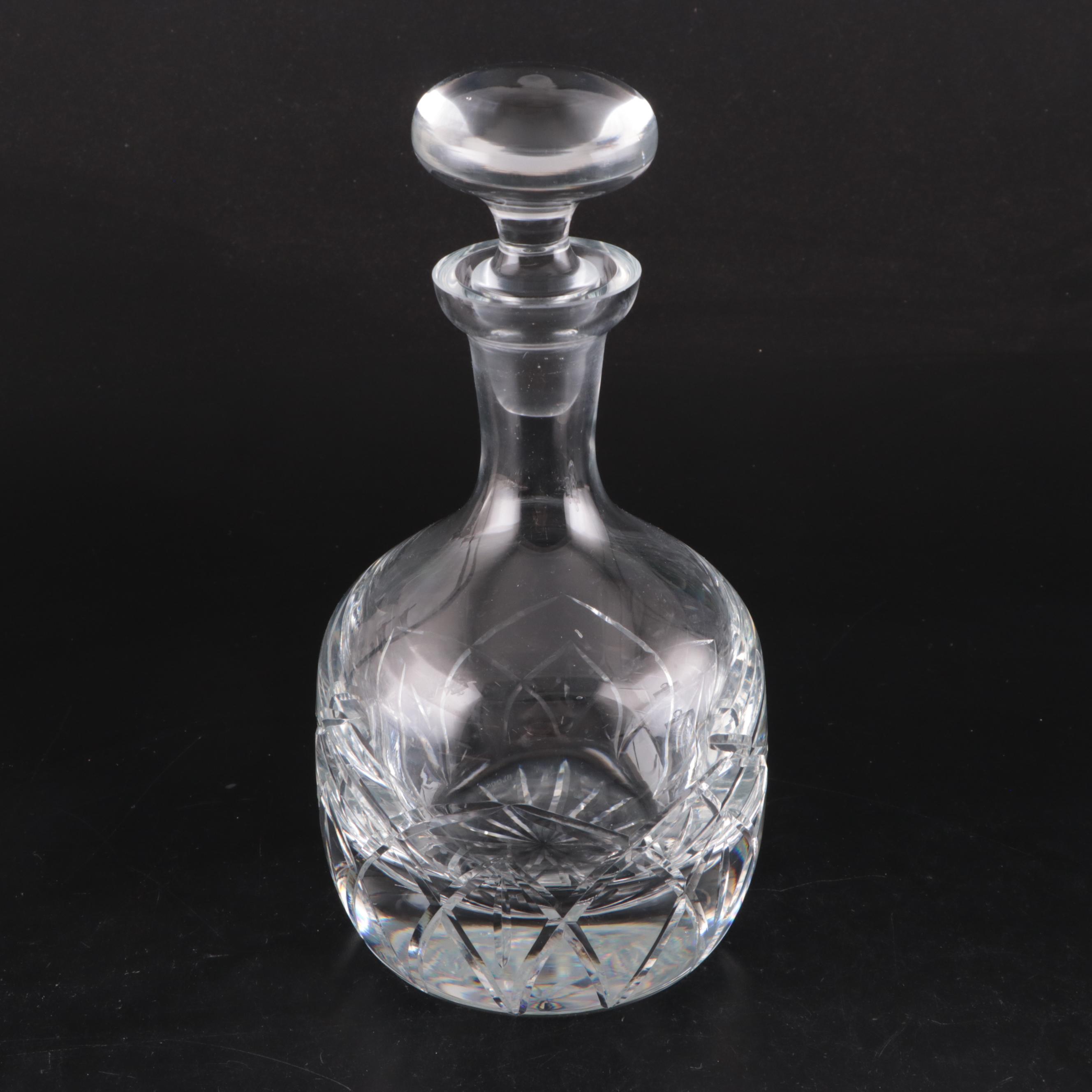 Block Crystal Decanter and Other Stoppers with Cut Crystal Biscuit Barrel