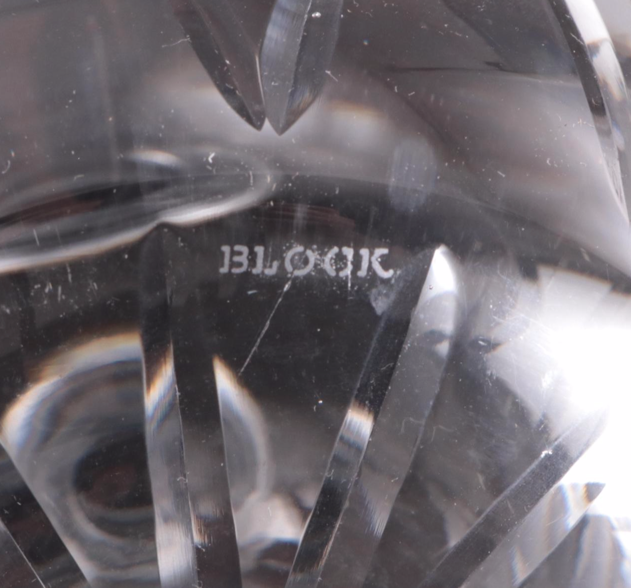 Block Crystal Decanter and Other Stoppers with Cut Crystal Biscuit Barrel