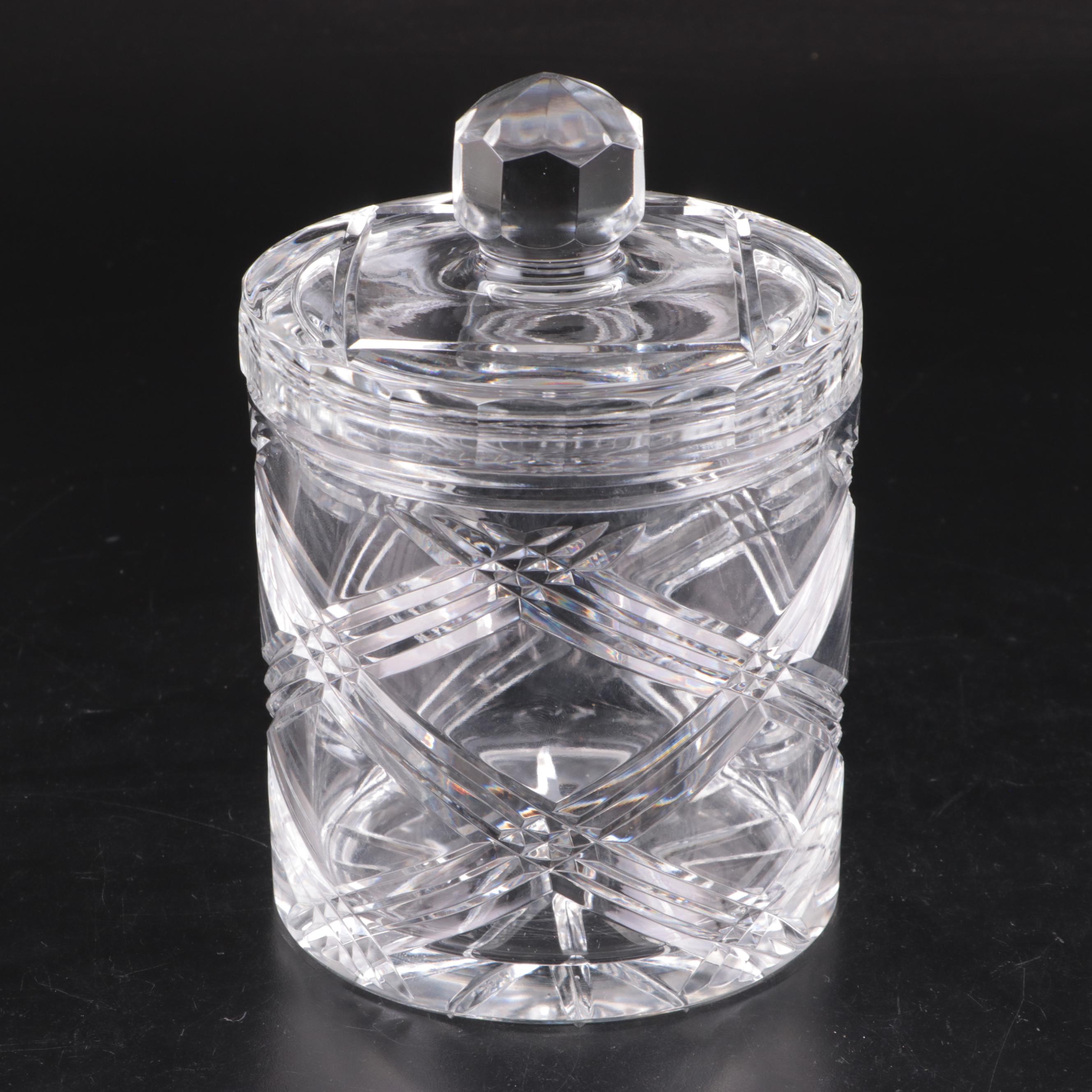 Block Crystal Decanter and Other Stoppers with Cut Crystal Biscuit Barrel