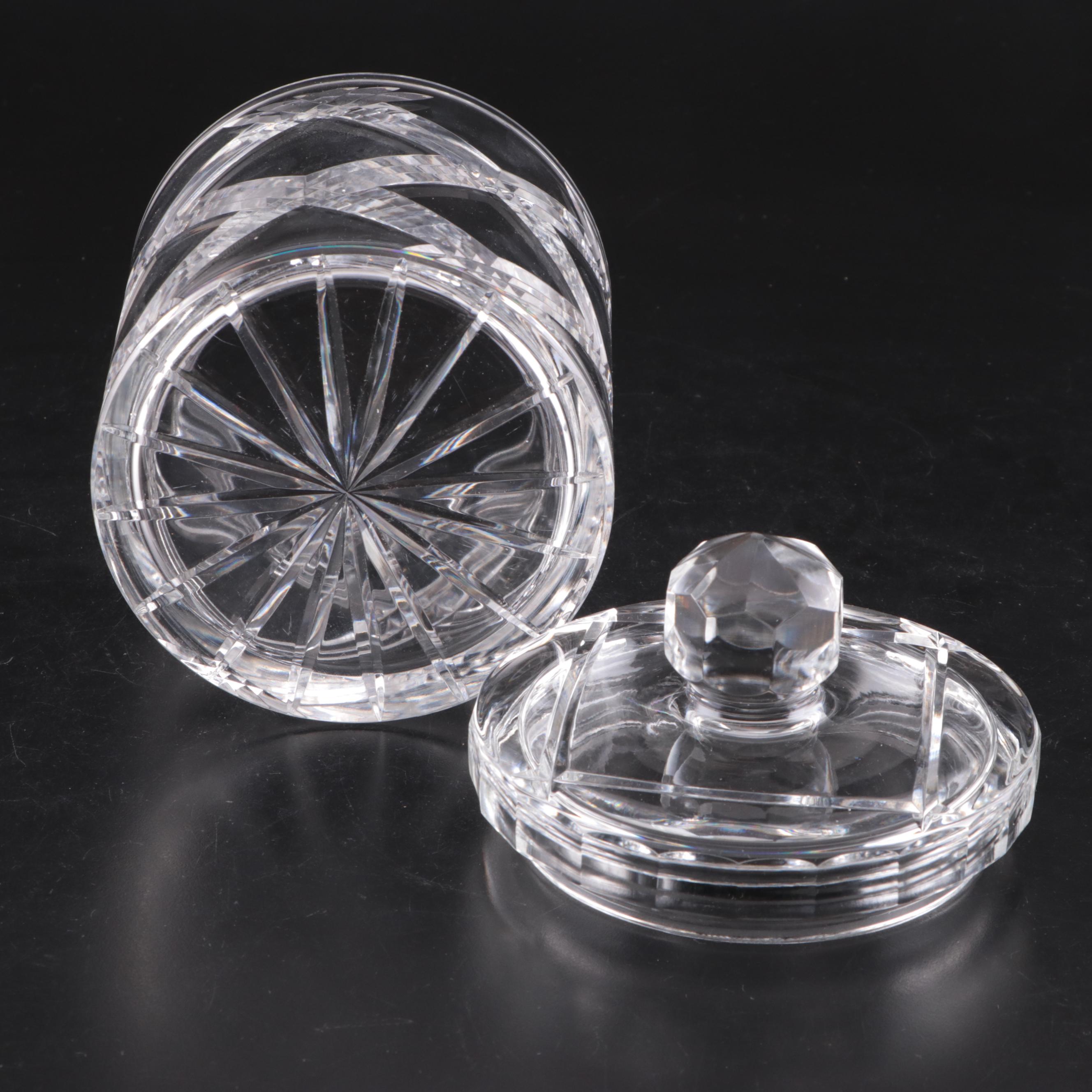Block Crystal Decanter and Other Stoppers with Cut Crystal Biscuit Barrel