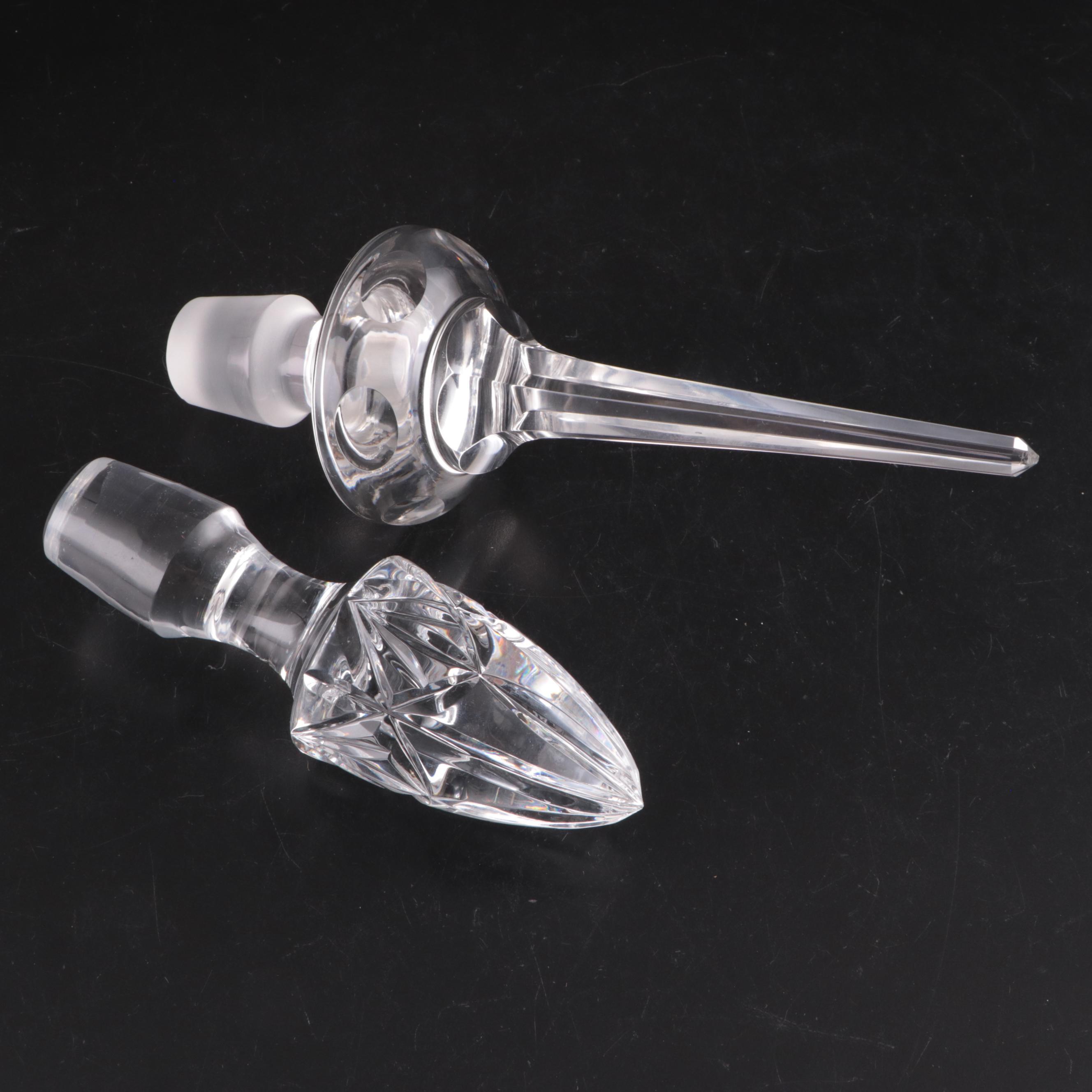 Block Crystal Decanter and Other Stoppers with Cut Crystal Biscuit Barrel