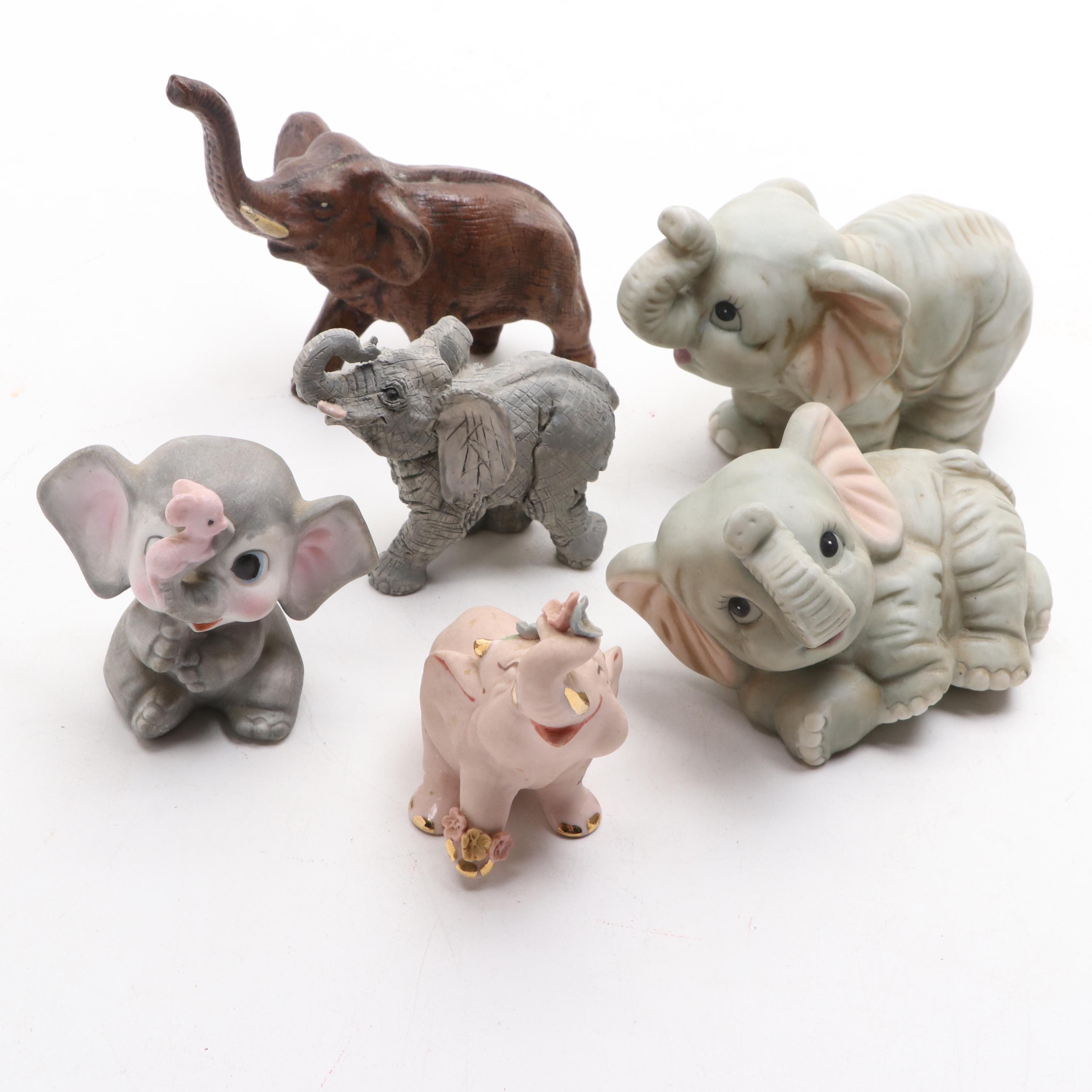 Lefton, Homco and Other Porcelain, Composite and Wood Elephant Figurines