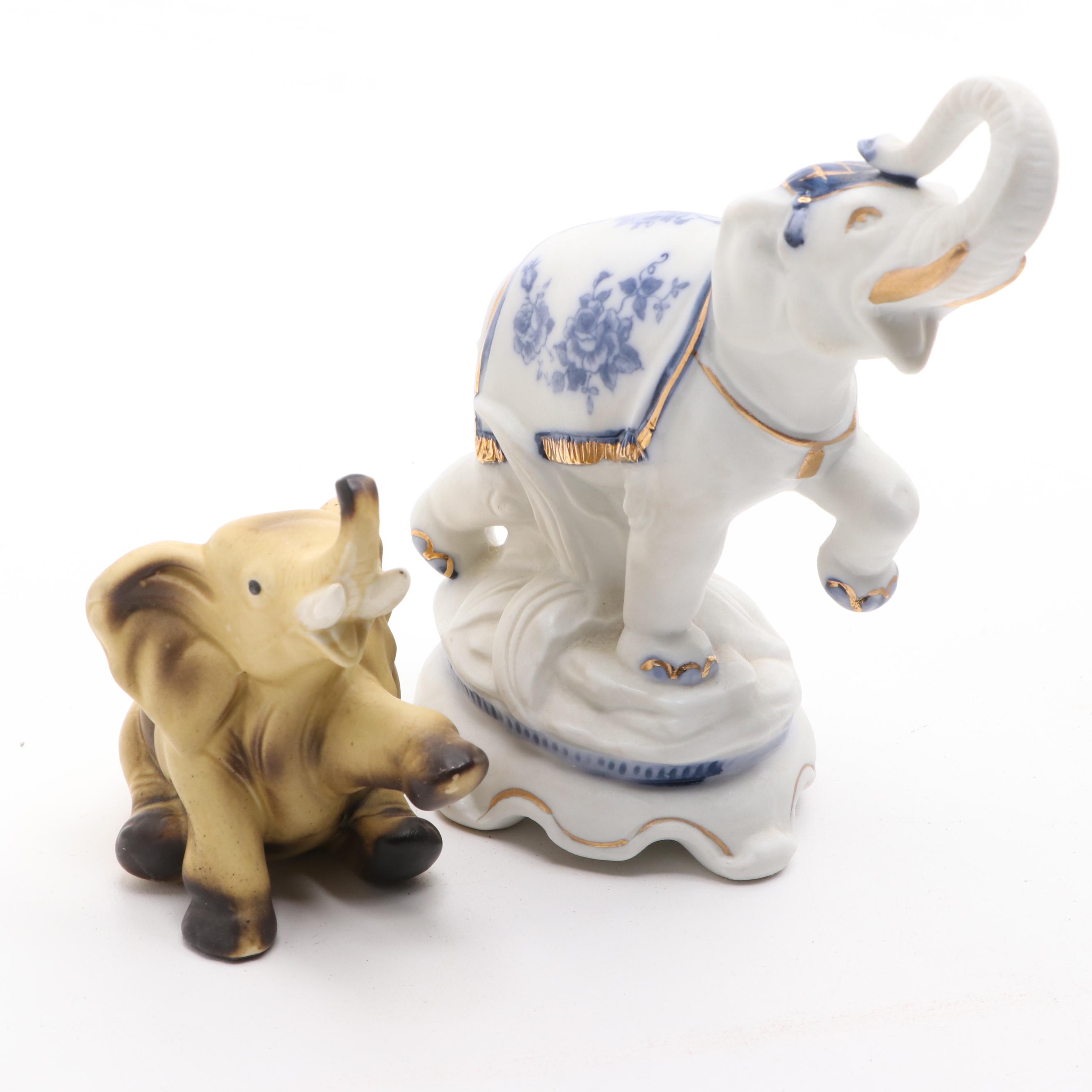 Lefton, Homco and Other Porcelain, Composite and Wood Elephant Figurines