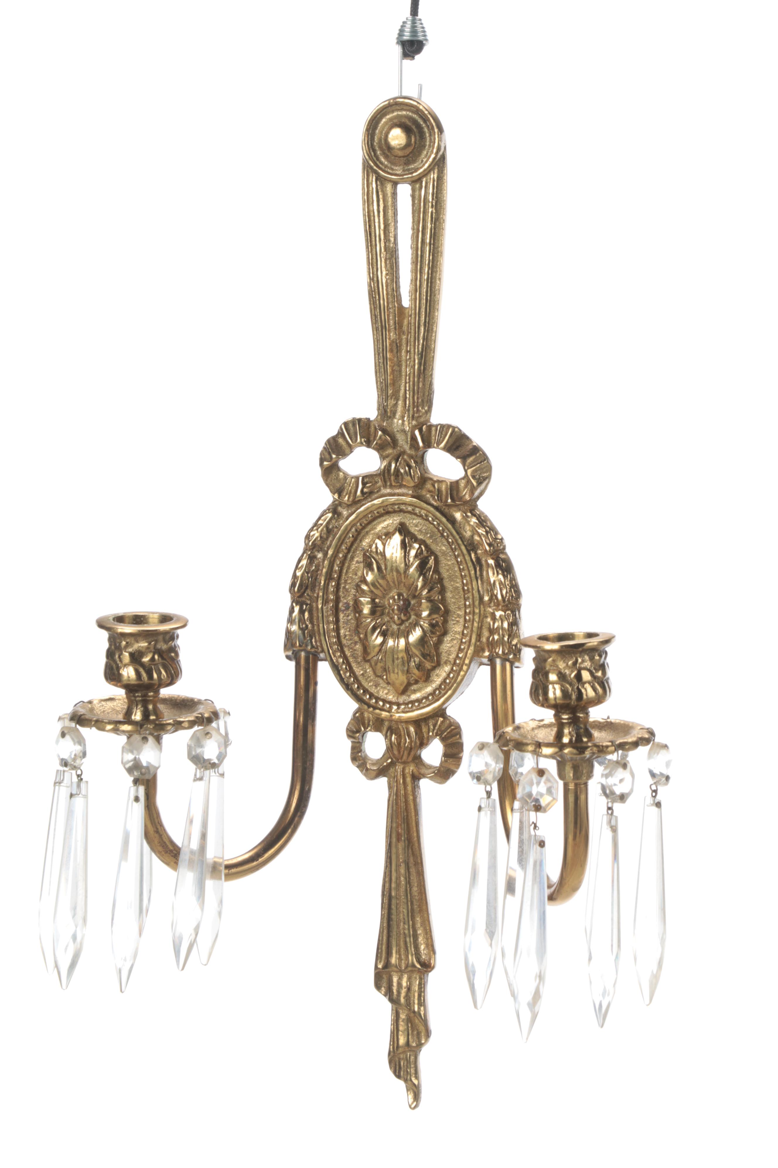 Adams Style Brass Mirror Candle Wall Sconce with Pair of Brass Candle