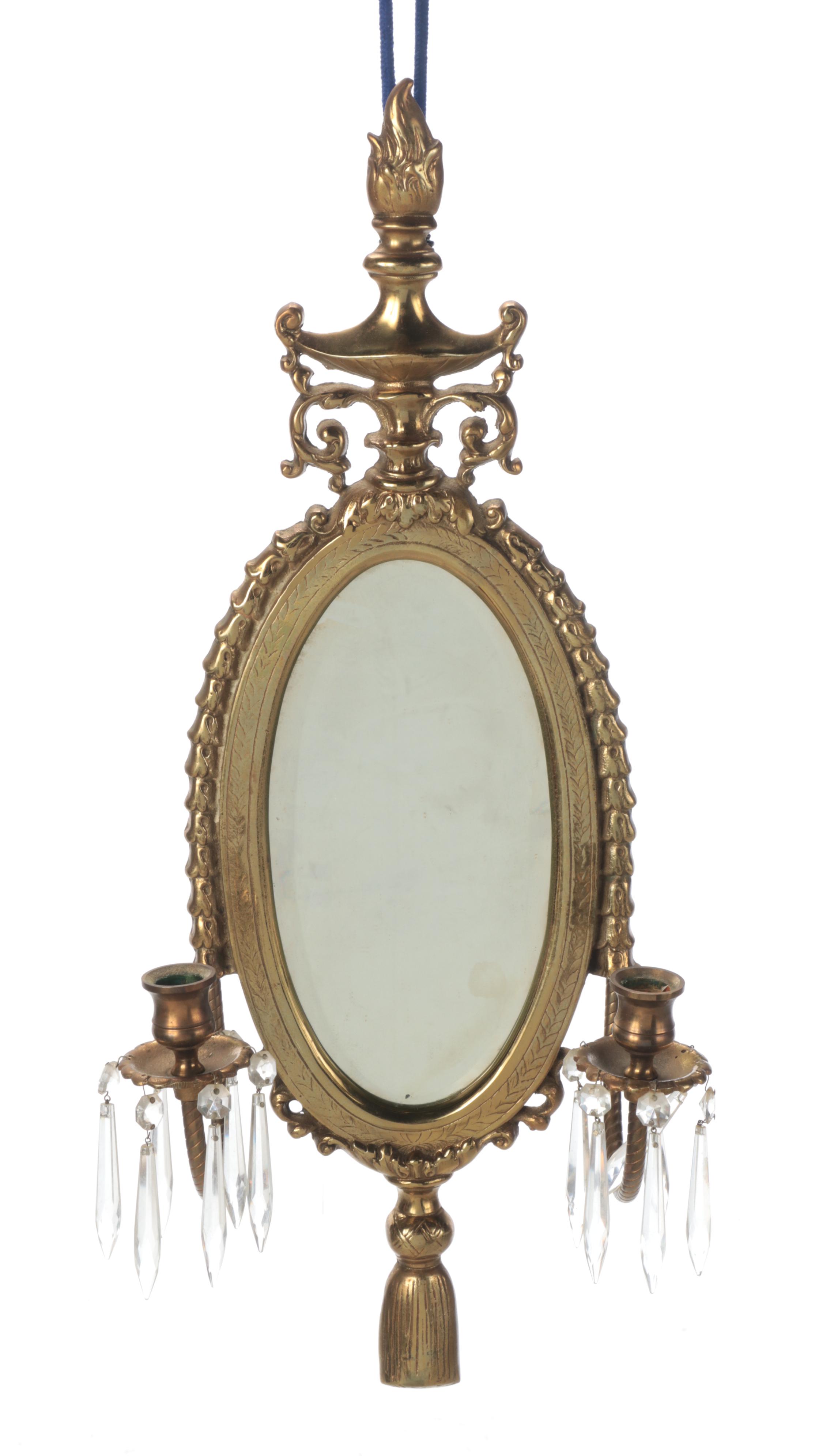 Adams Style Brass Mirror Candle Wall Sconce with Pair of Brass Candle