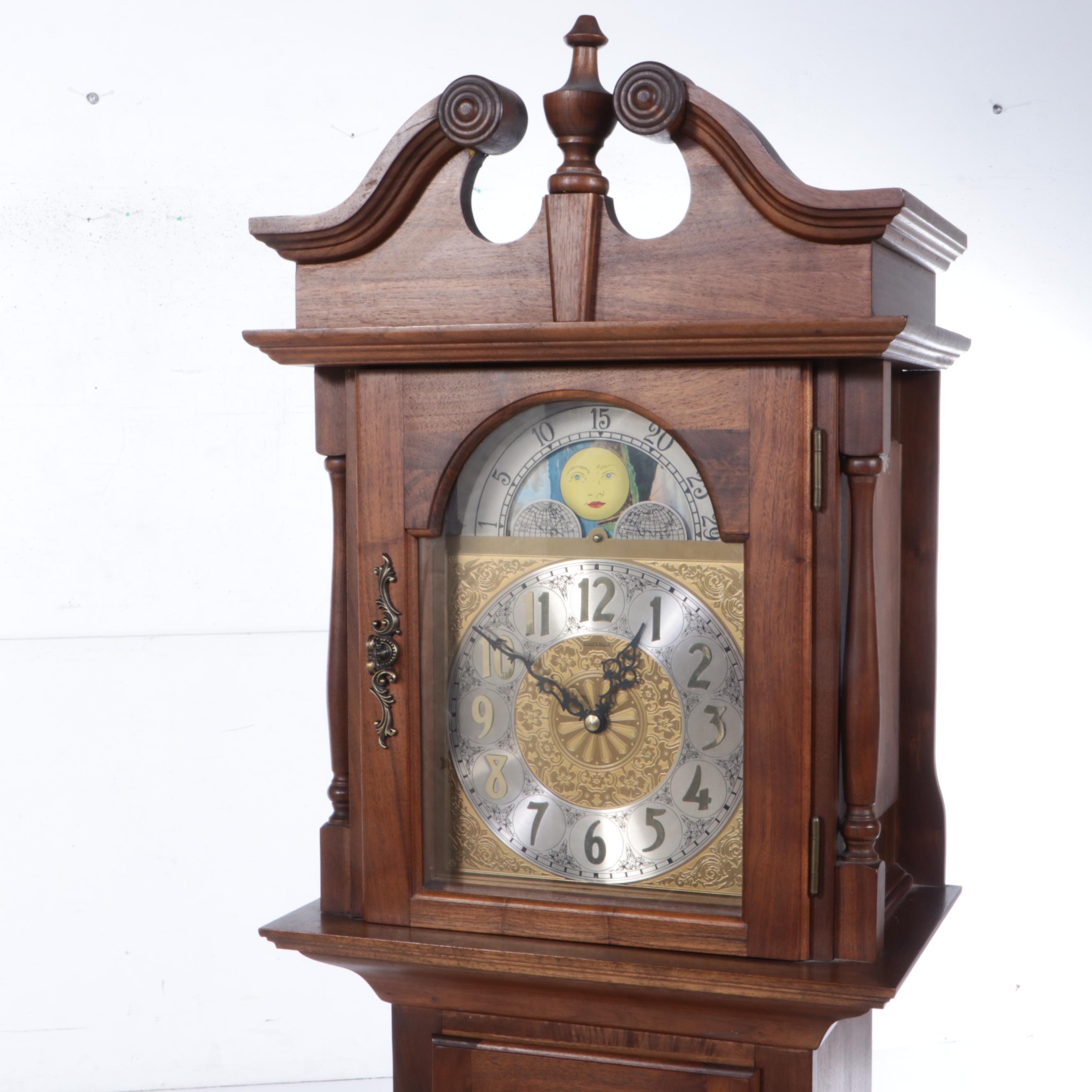 Emperor Clock Co. Walnut Cased Grandfather Clock, Late 20th Century