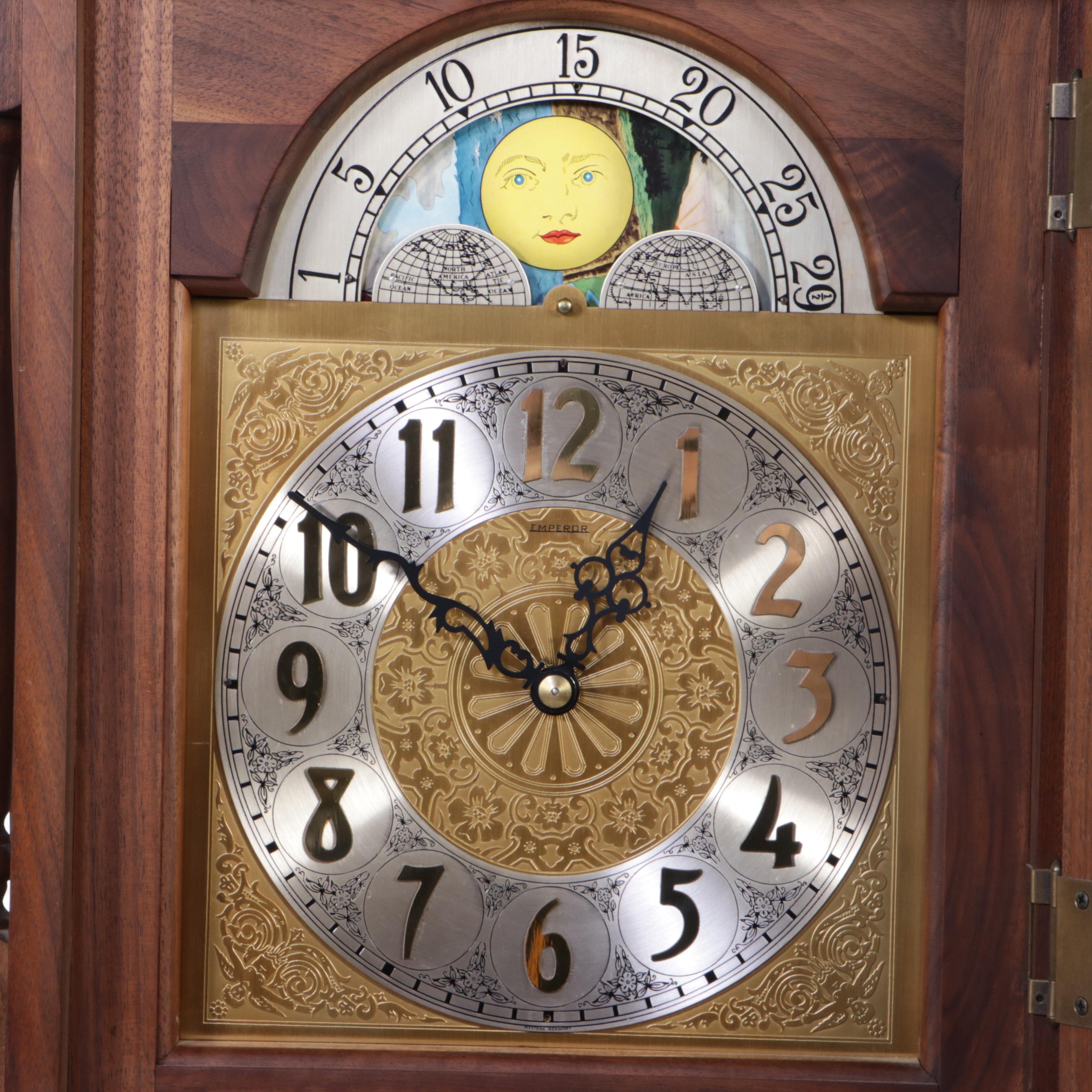 Emperor Clock Co. Walnut Cased Grandfather Clock, Late 20th Century