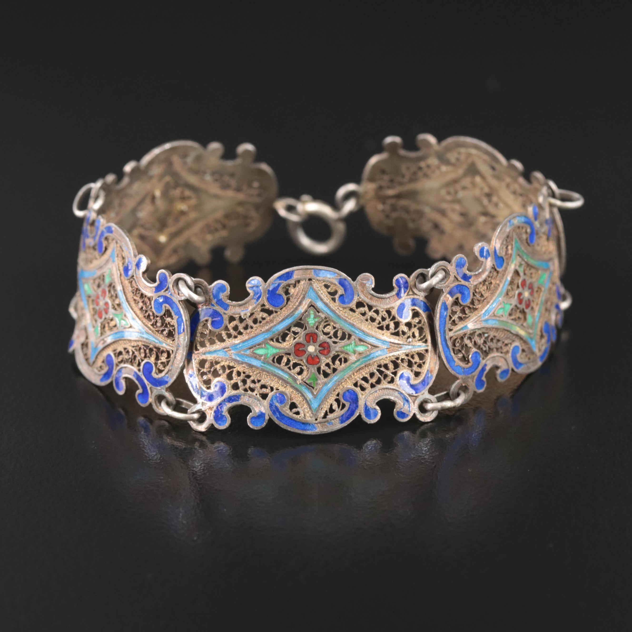 Vintage Filigree and Enamel Panel Bracelet