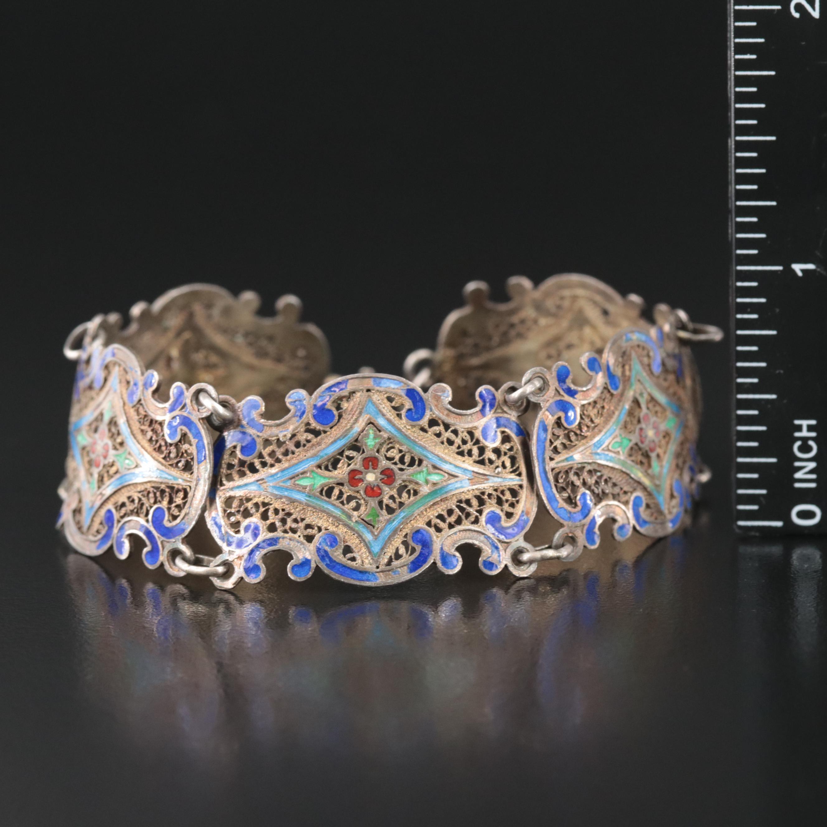 Vintage Filigree and Enamel Panel Bracelet