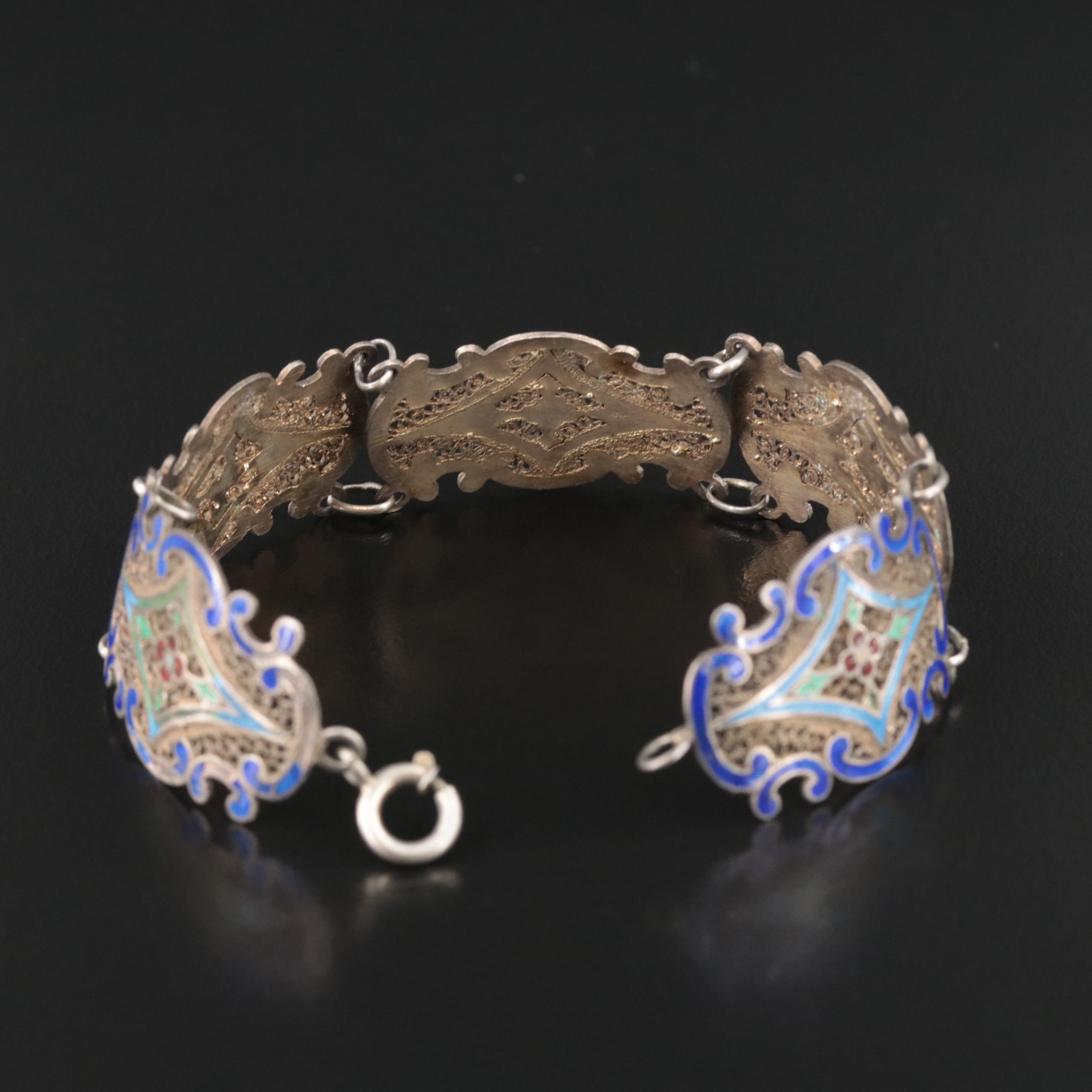 Vintage Filigree and Enamel Panel Bracelet