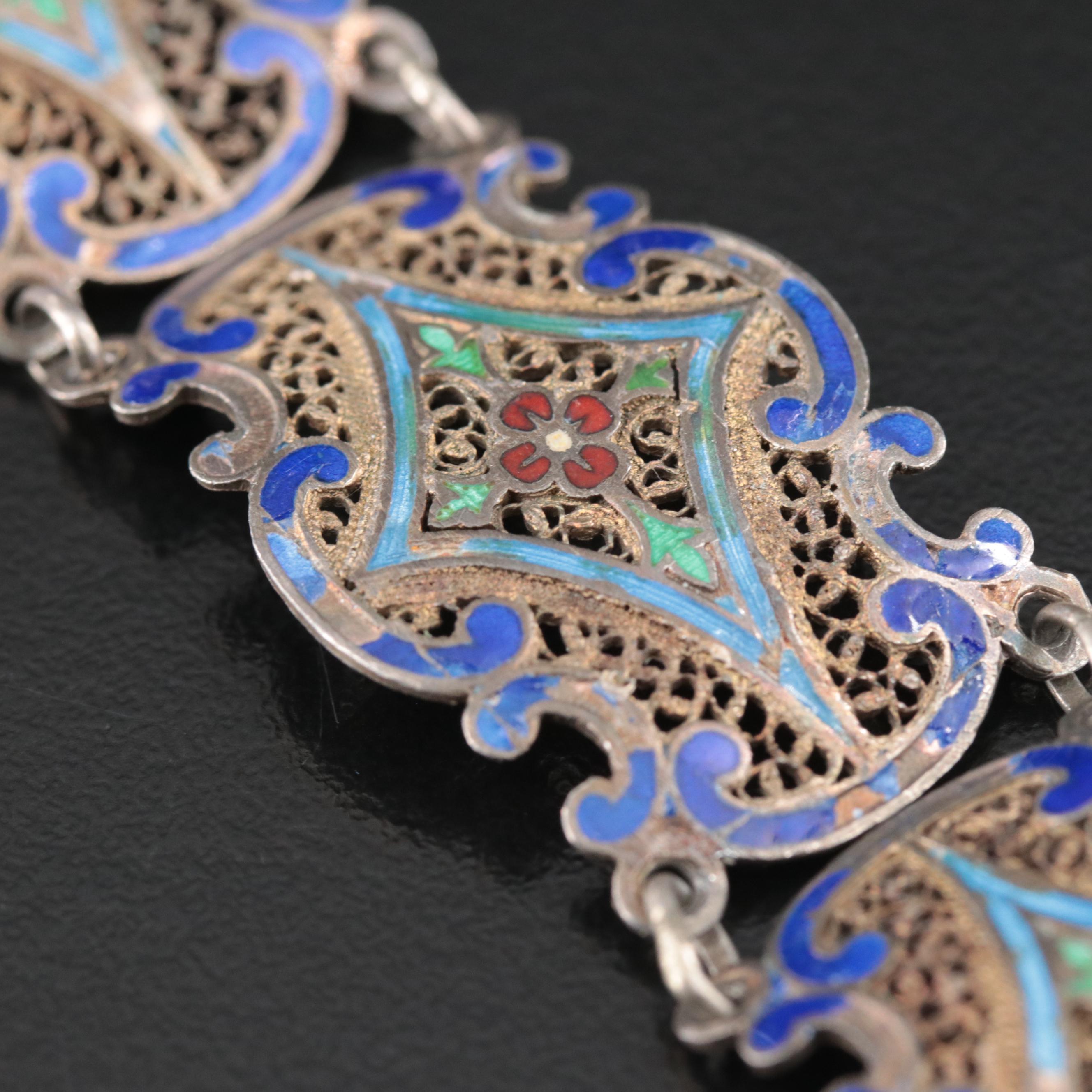 Vintage Filigree and Enamel Panel Bracelet