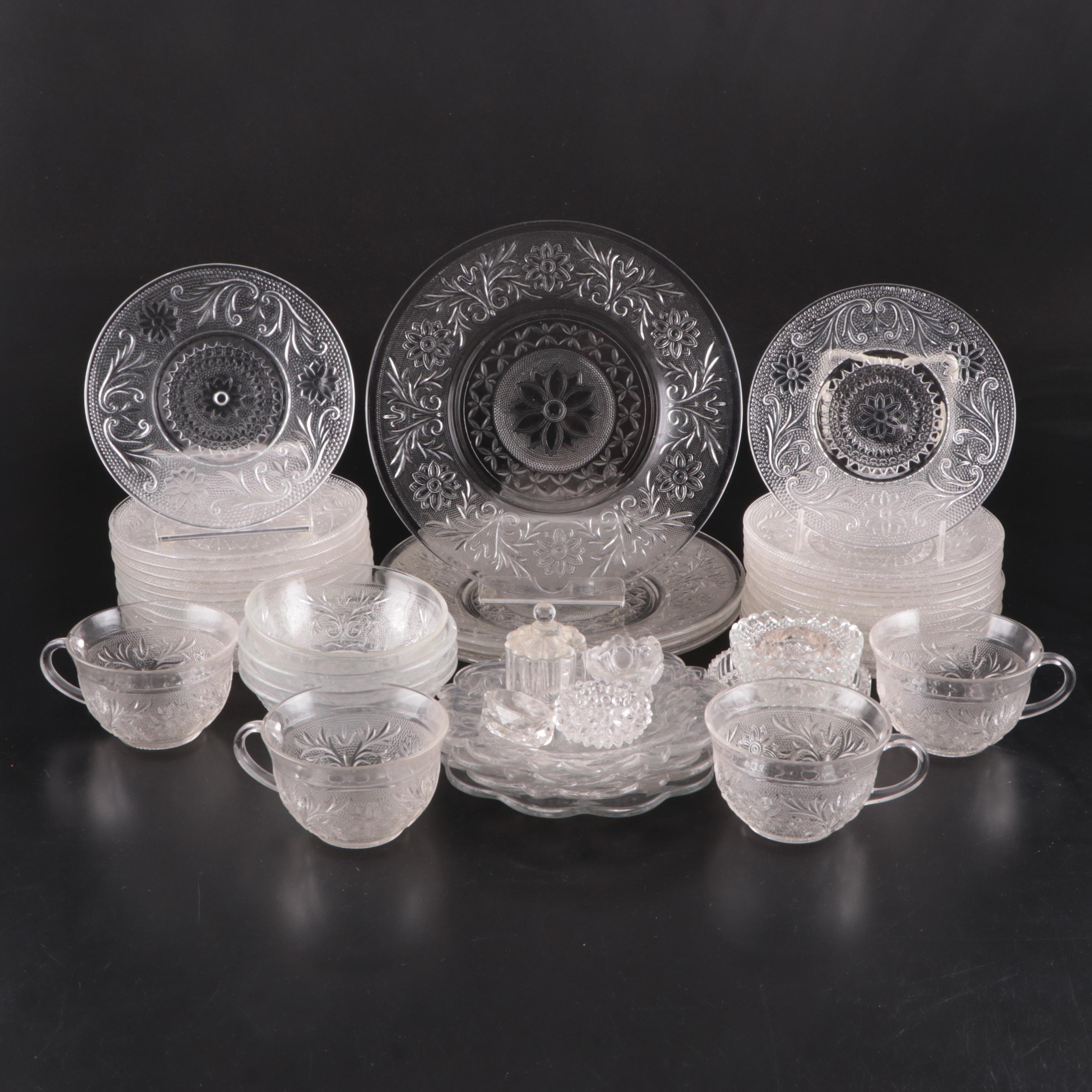 Indiana Glass "Sandwich" Dishes with Other Pressed Glass Plates and Salt Cellars