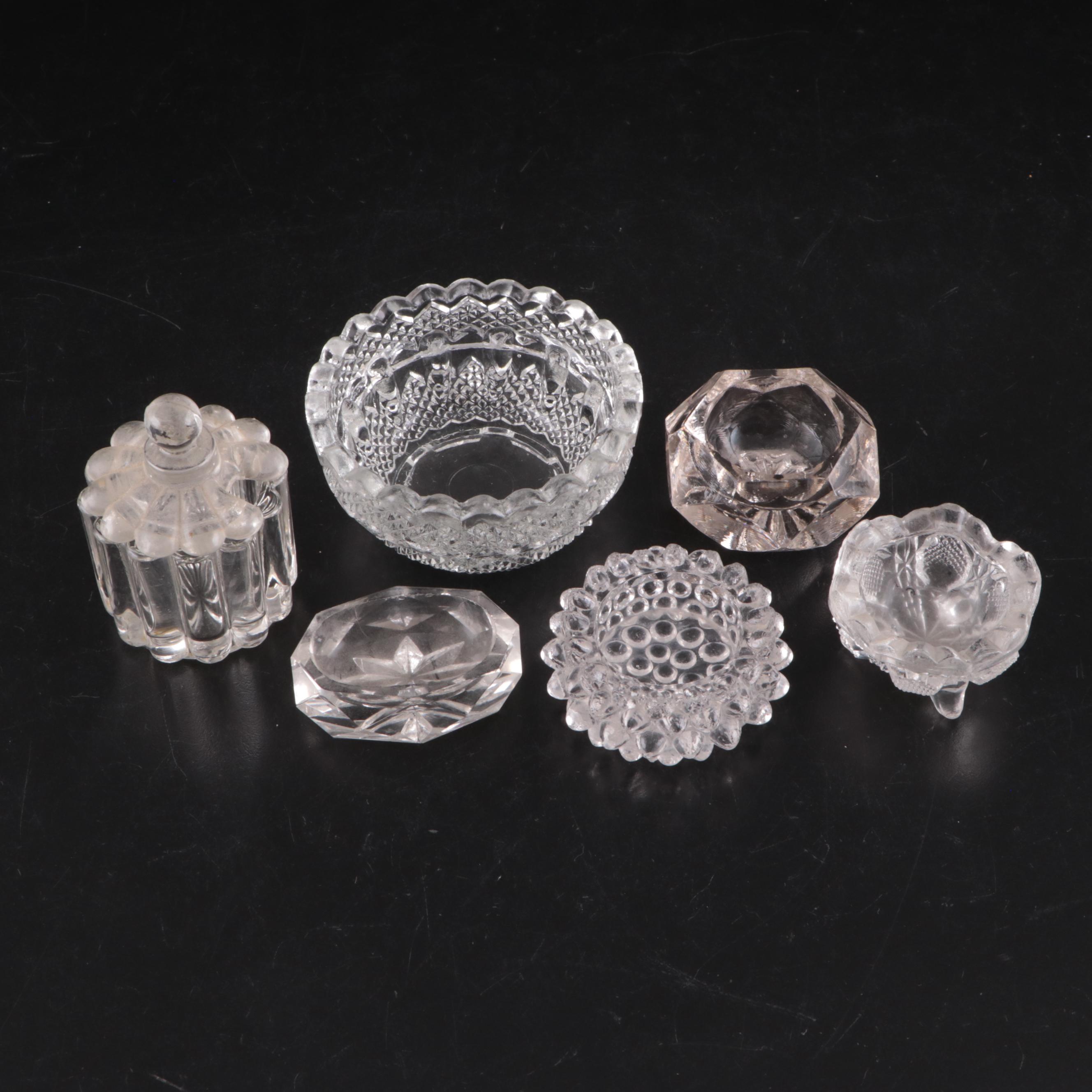 Indiana Glass "Sandwich" Dishes with Other Pressed Glass Plates and Salt Cellars