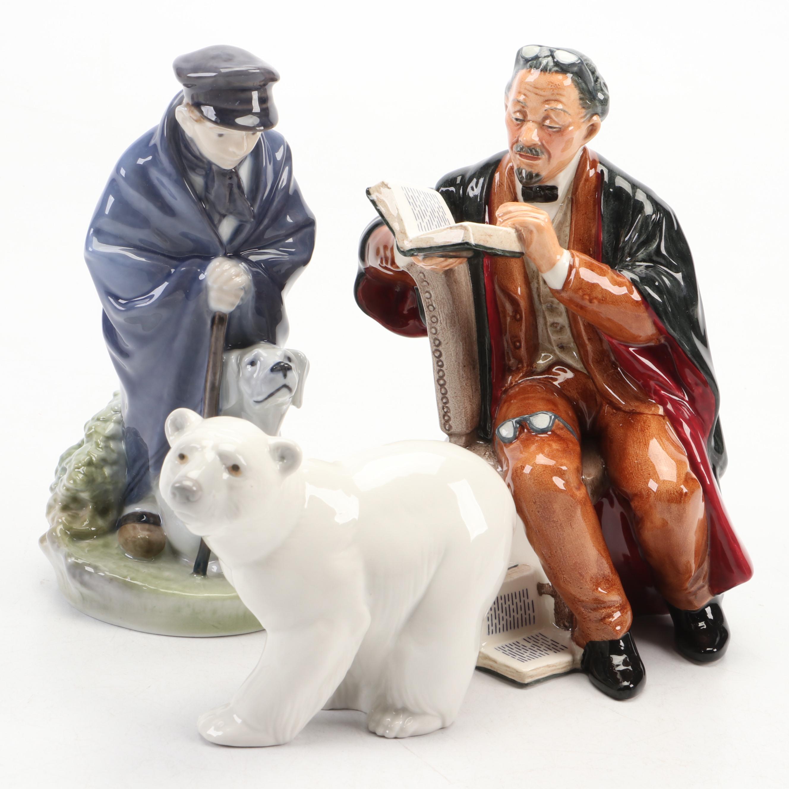 Royal Copenhagen "Shepherd Boy with Dog" with Other Porcelain Figurines