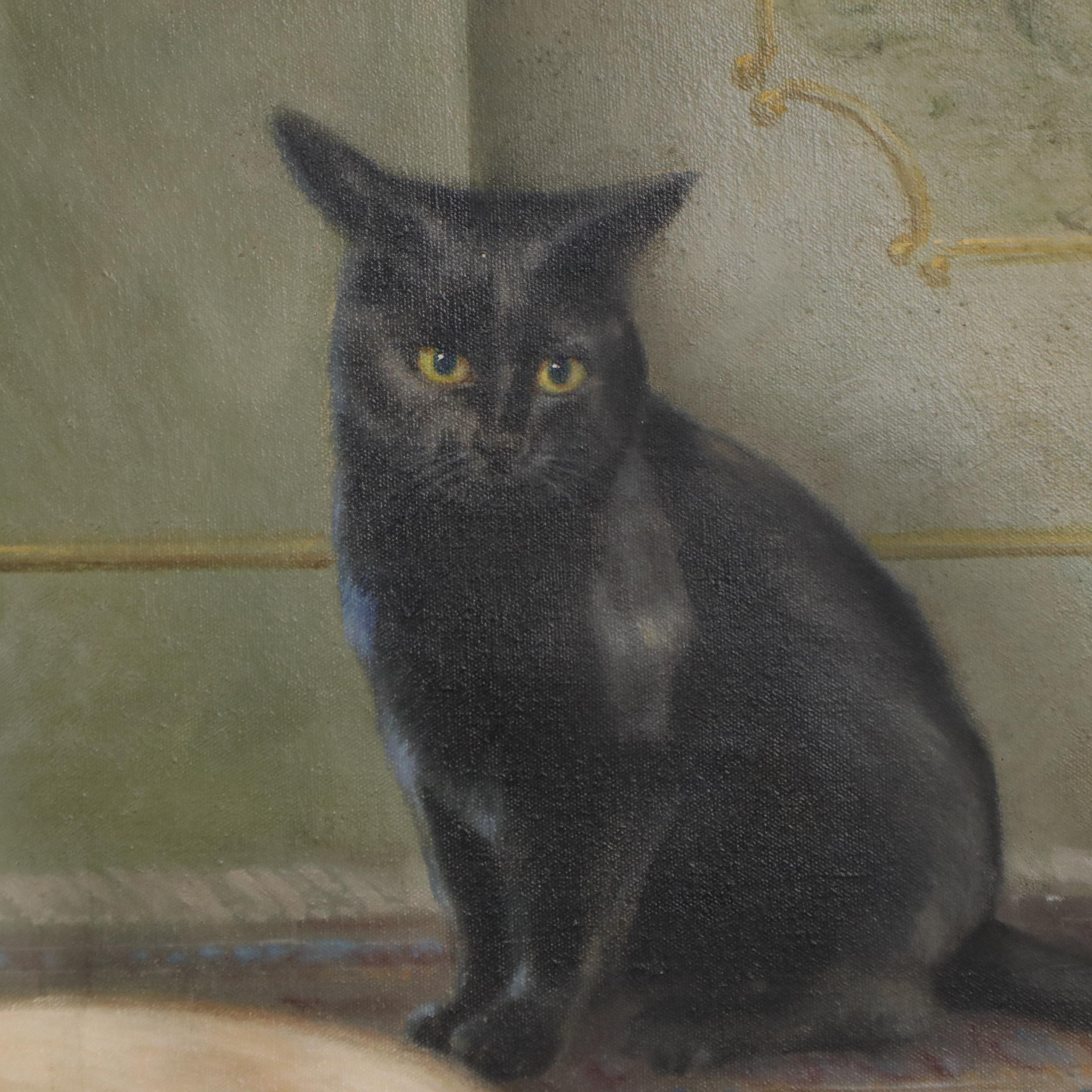 H. Volkmann Still Life Oil Painting of Three Cats, 1979