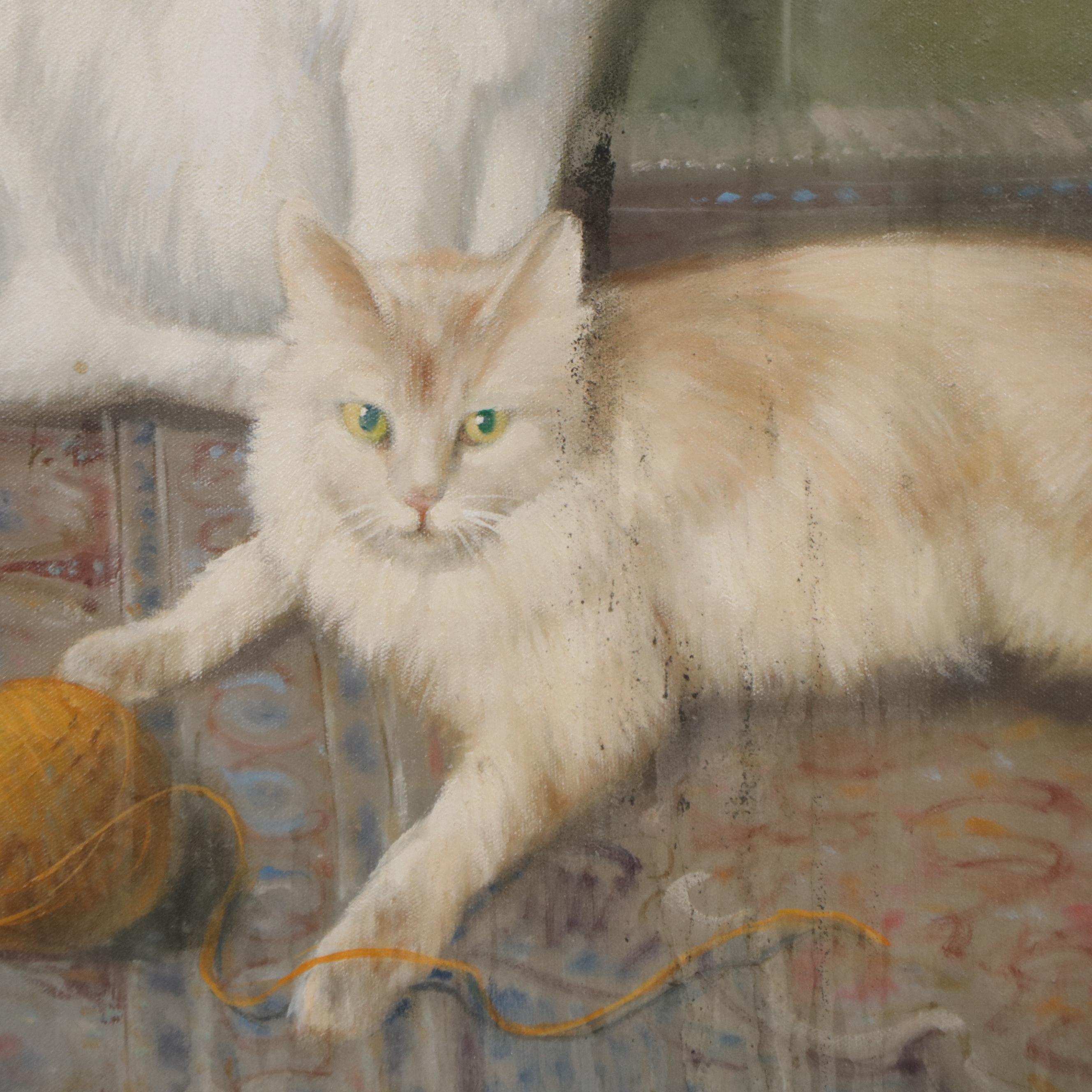 H. Volkmann Still Life Oil Painting of Three Cats, 1979