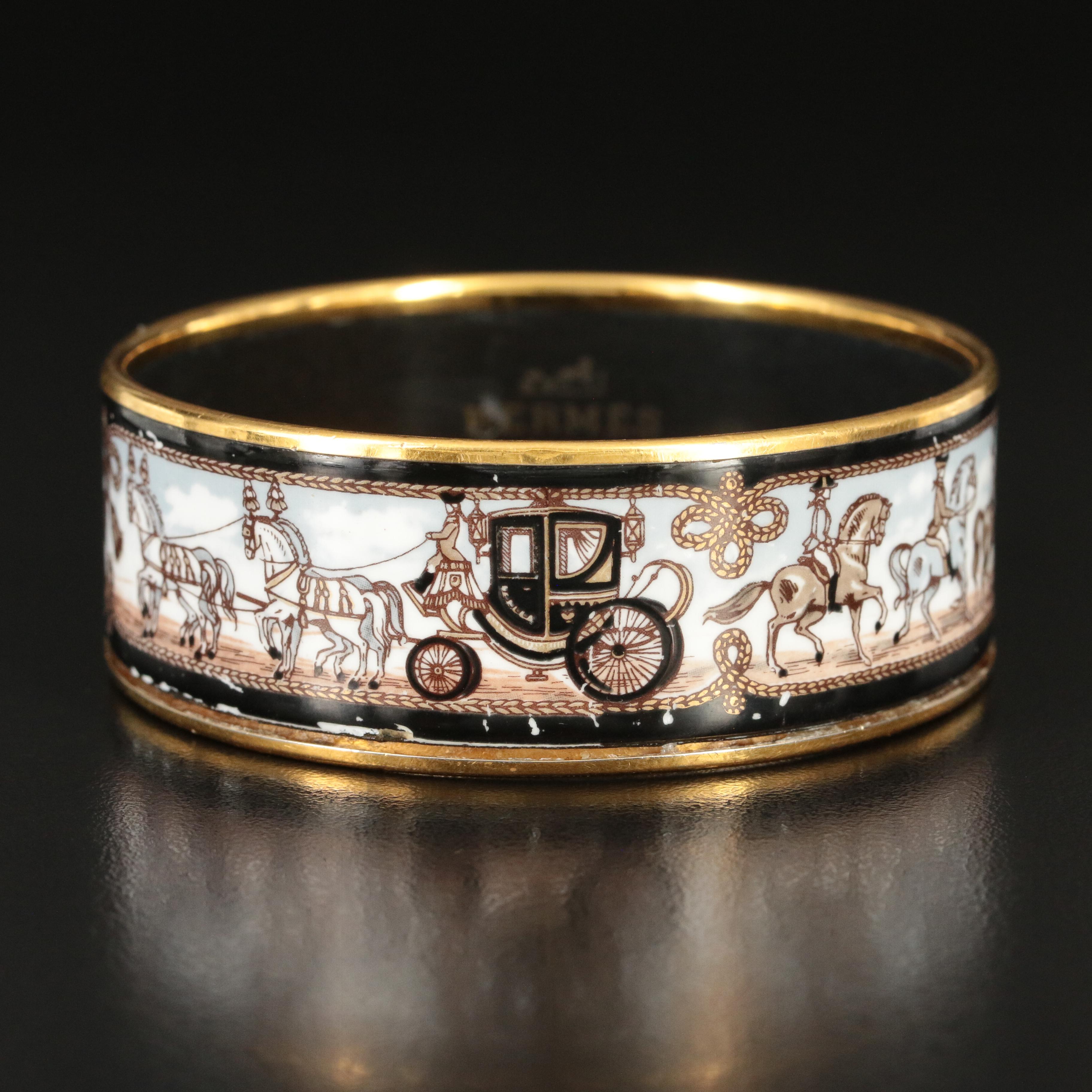 Hermès Wide Horse and Carriage Enamel Bangle Bracelet