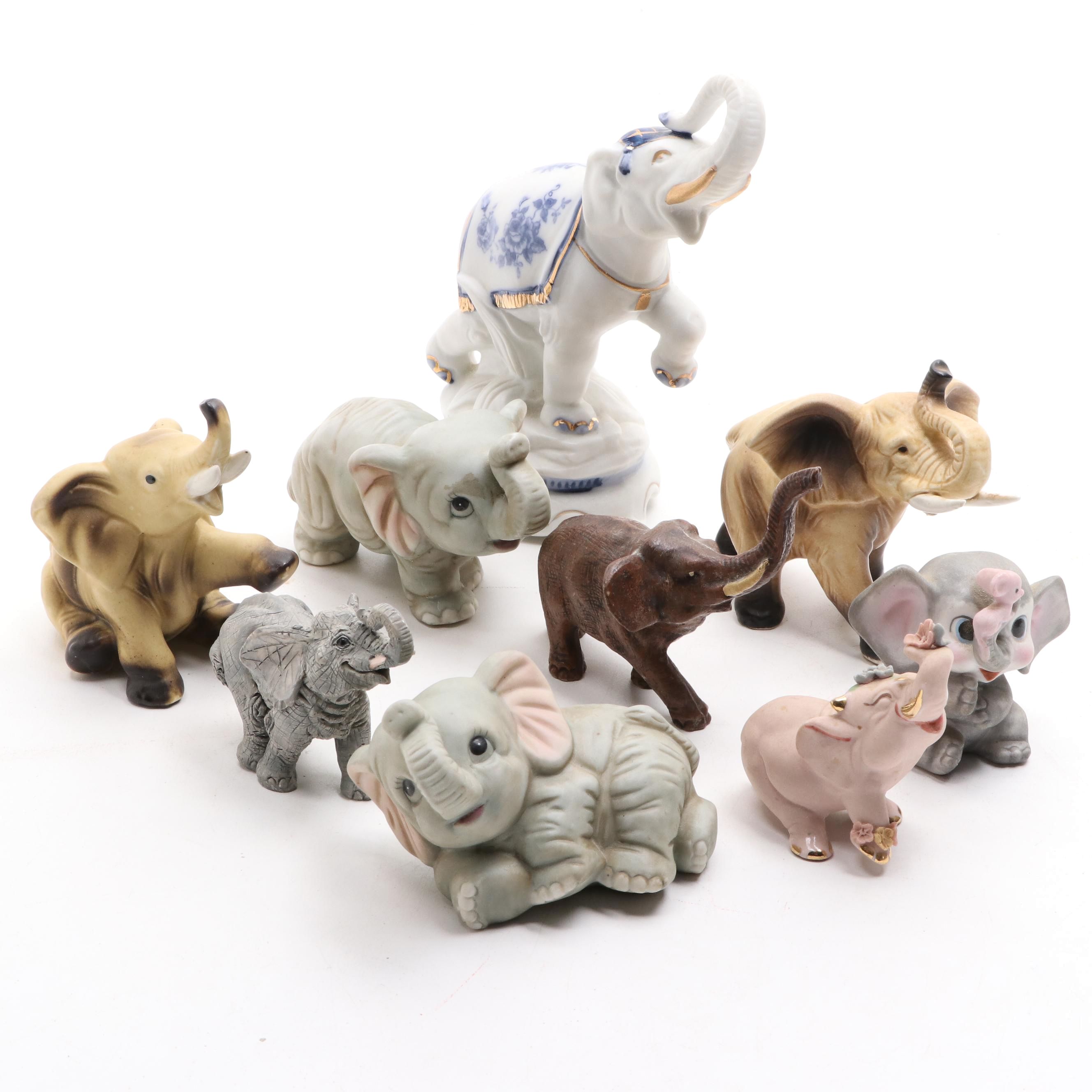 Lefton, Homco and Other Porcelain, Composite and Wood Elephant Figurines