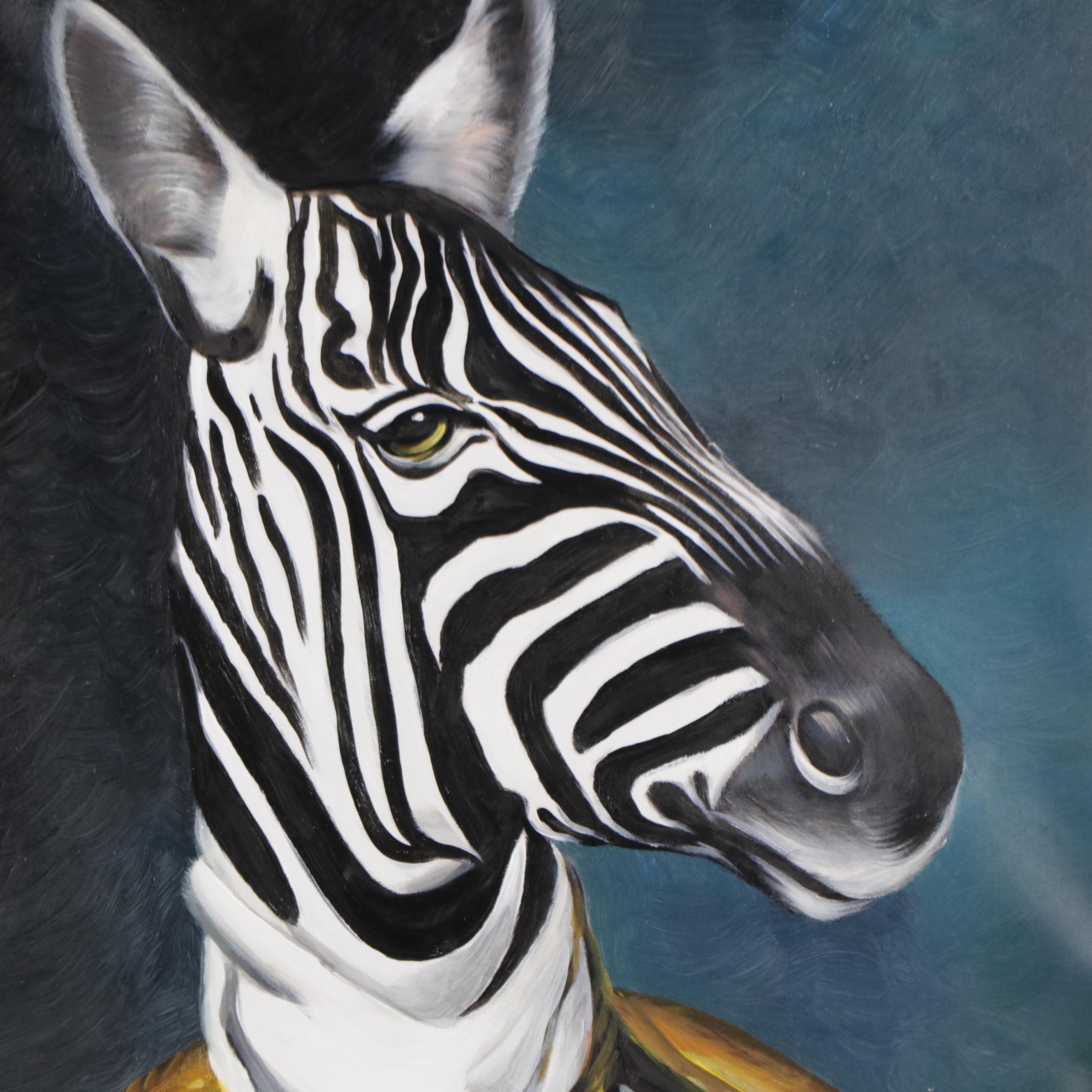 Oil Painting Anthropomorphic Zebra Wearing Suit, 21st Century
