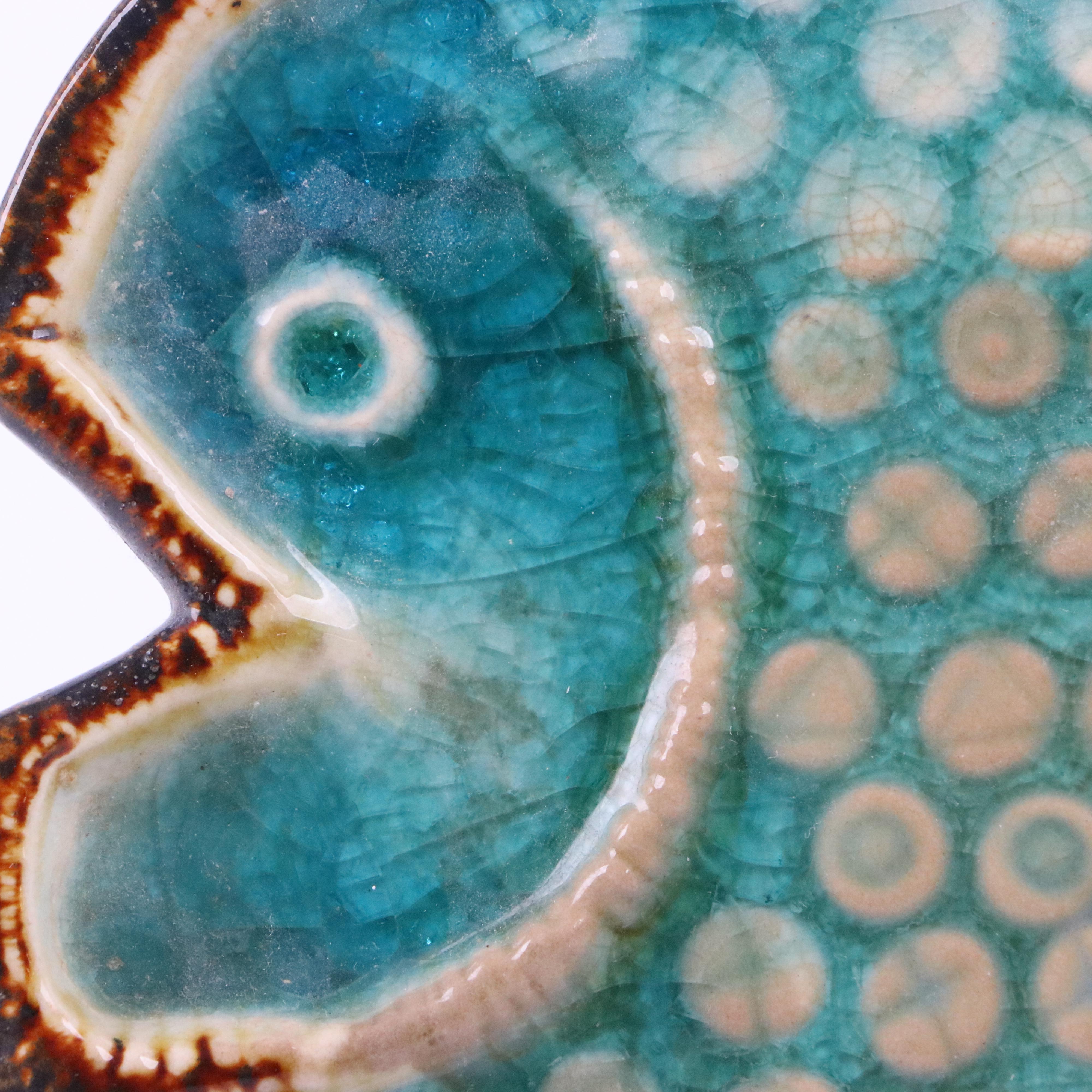 Murano Style Glass Fish Bowl, Crackle Glazed Raku Fish Wall Plaque and