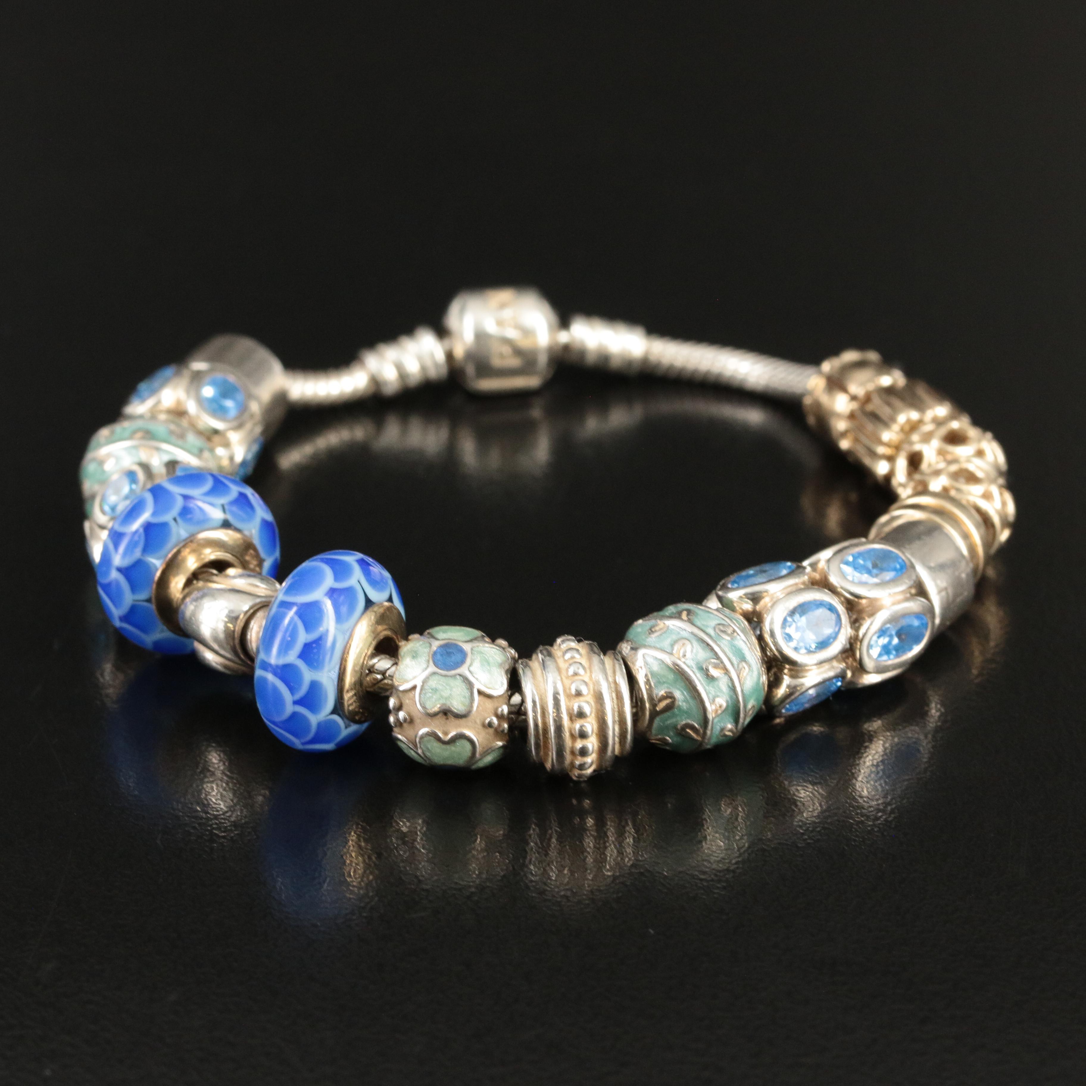 Pandora Sterling Cubic Zirconia, Glass and Enamel Charm Bracelet Including 14K