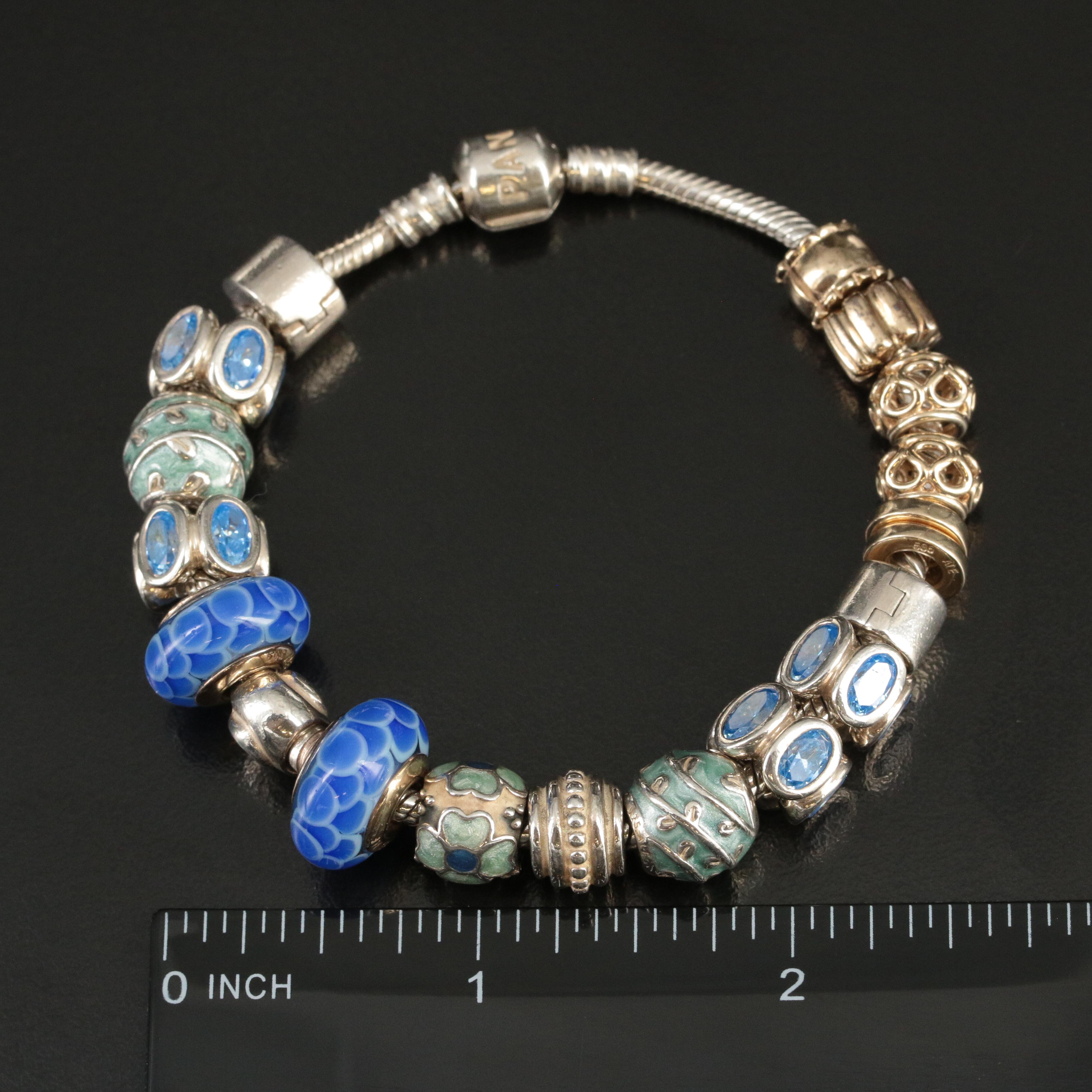 Pandora Sterling Cubic Zirconia, Glass and Enamel Charm Bracelet Including 14K