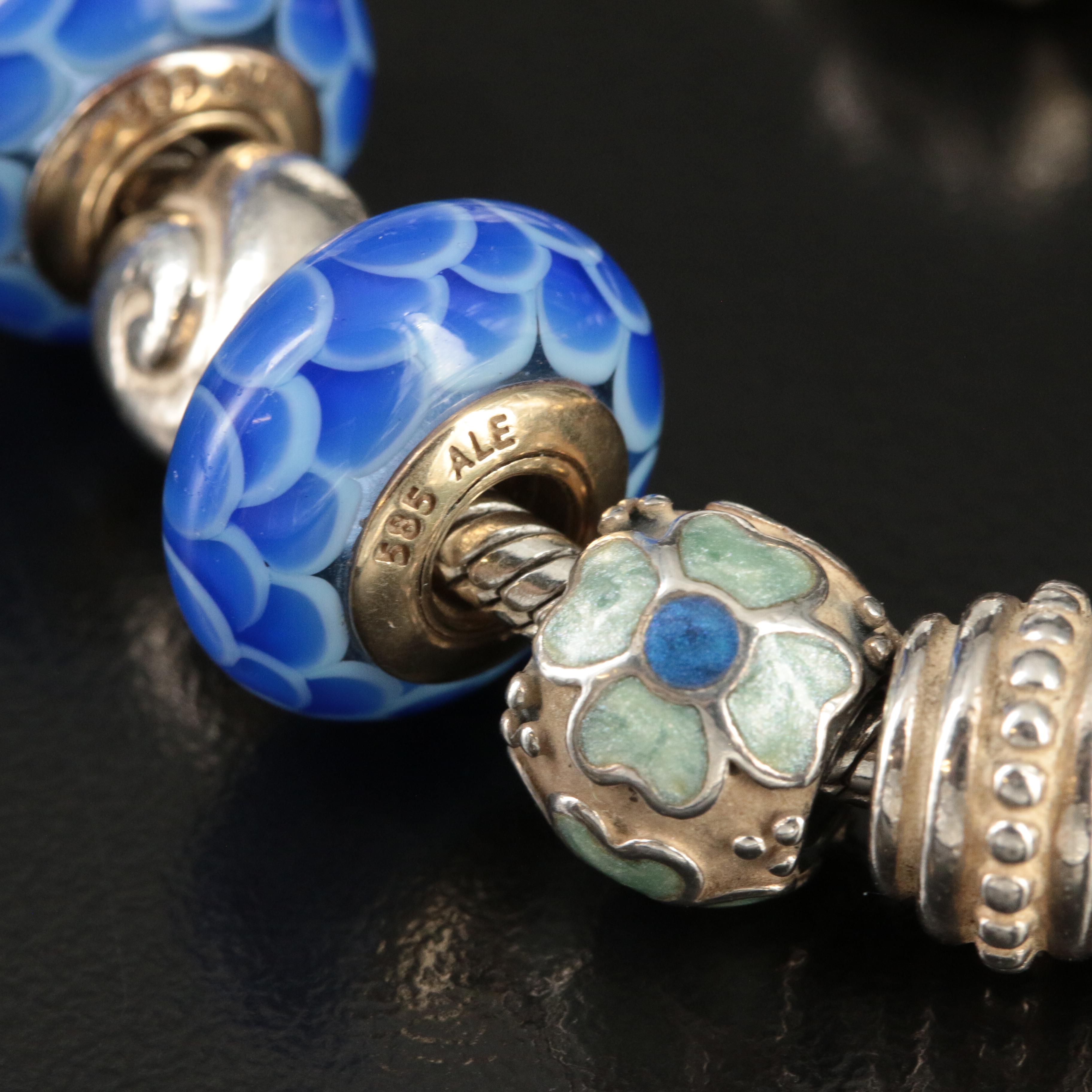 Pandora Sterling Cubic Zirconia, Glass and Enamel Charm Bracelet Including 14K