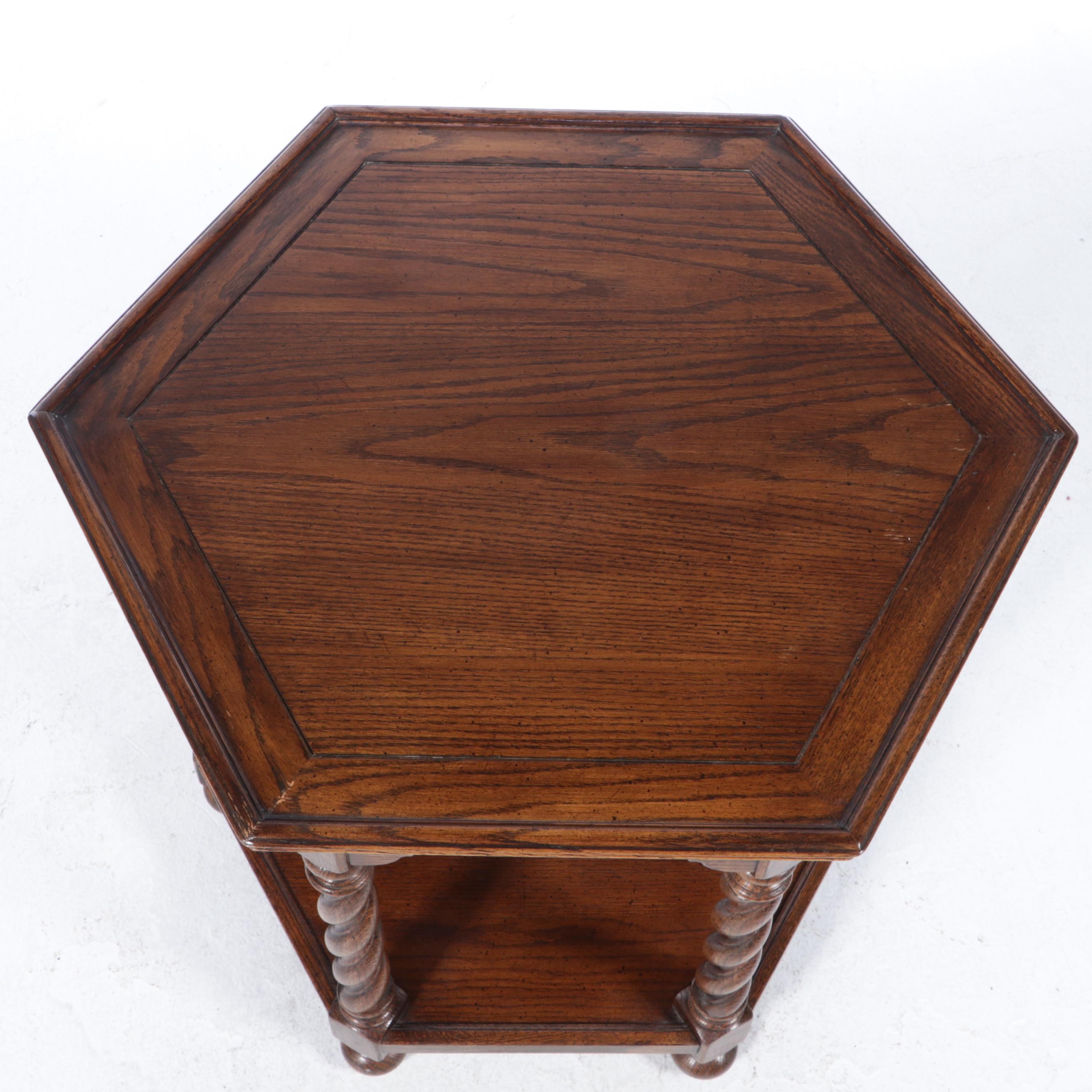 Ethan Allen Jacobean Style Oak Barley-Twist Hexagonal Side Table