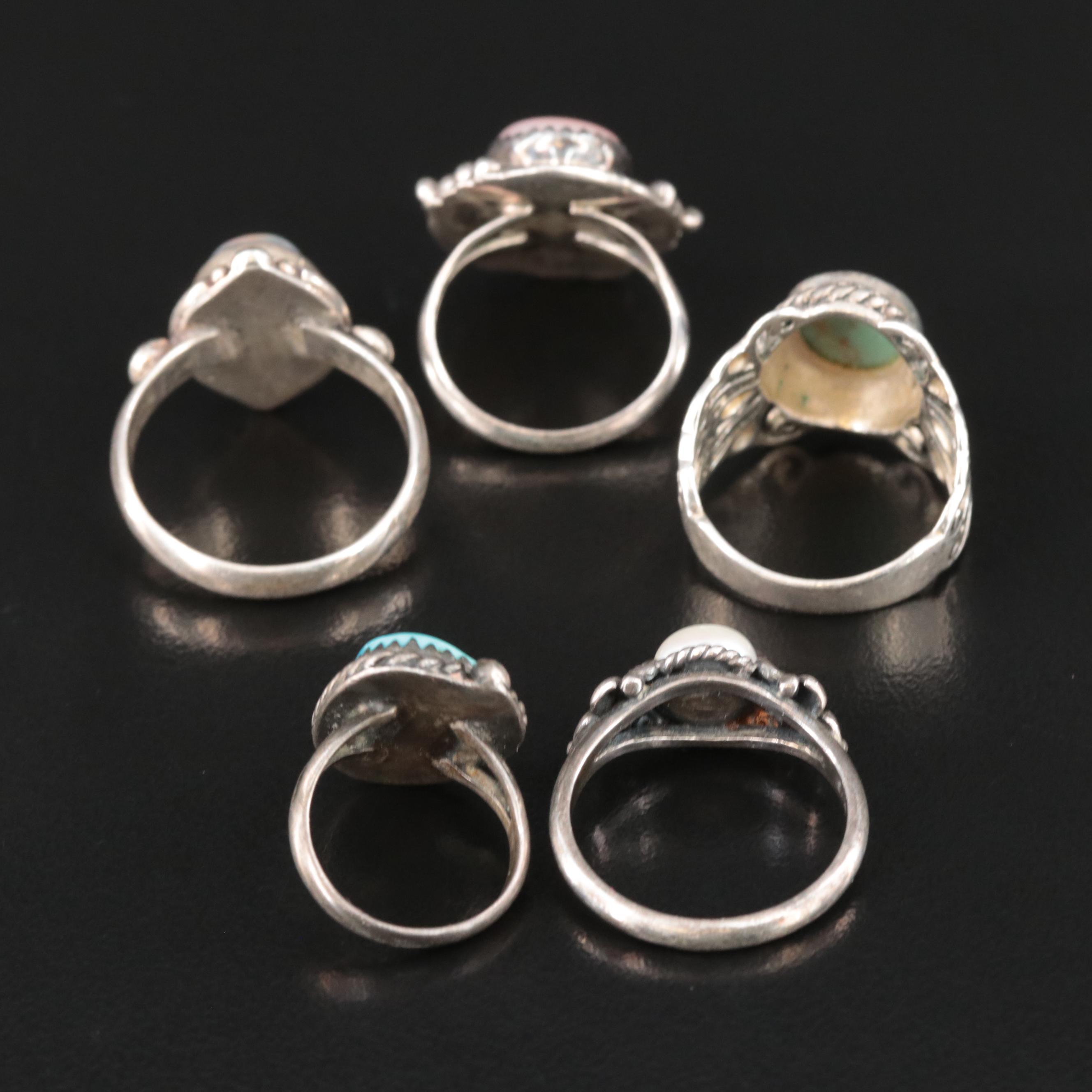 Sterling Rings Including Turquoise, Pearl and Mother-of-Pearl