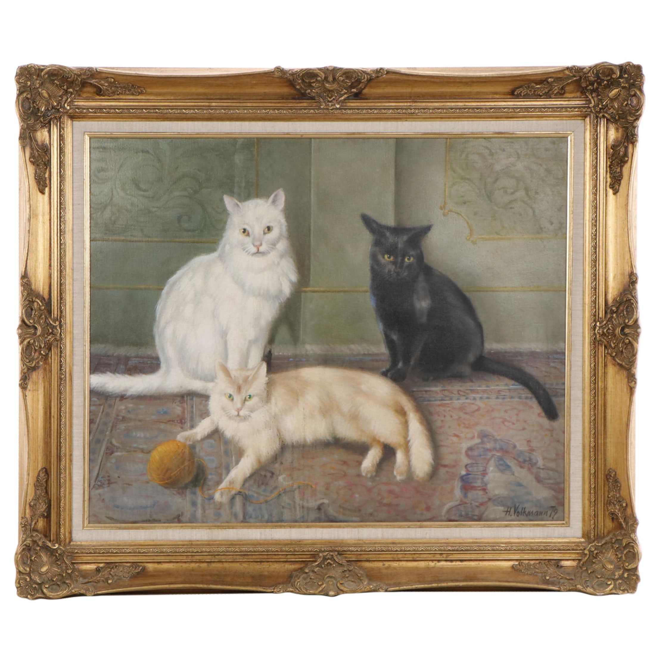 H. Volkmann Still Life Oil Painting of Three Cats, 1979