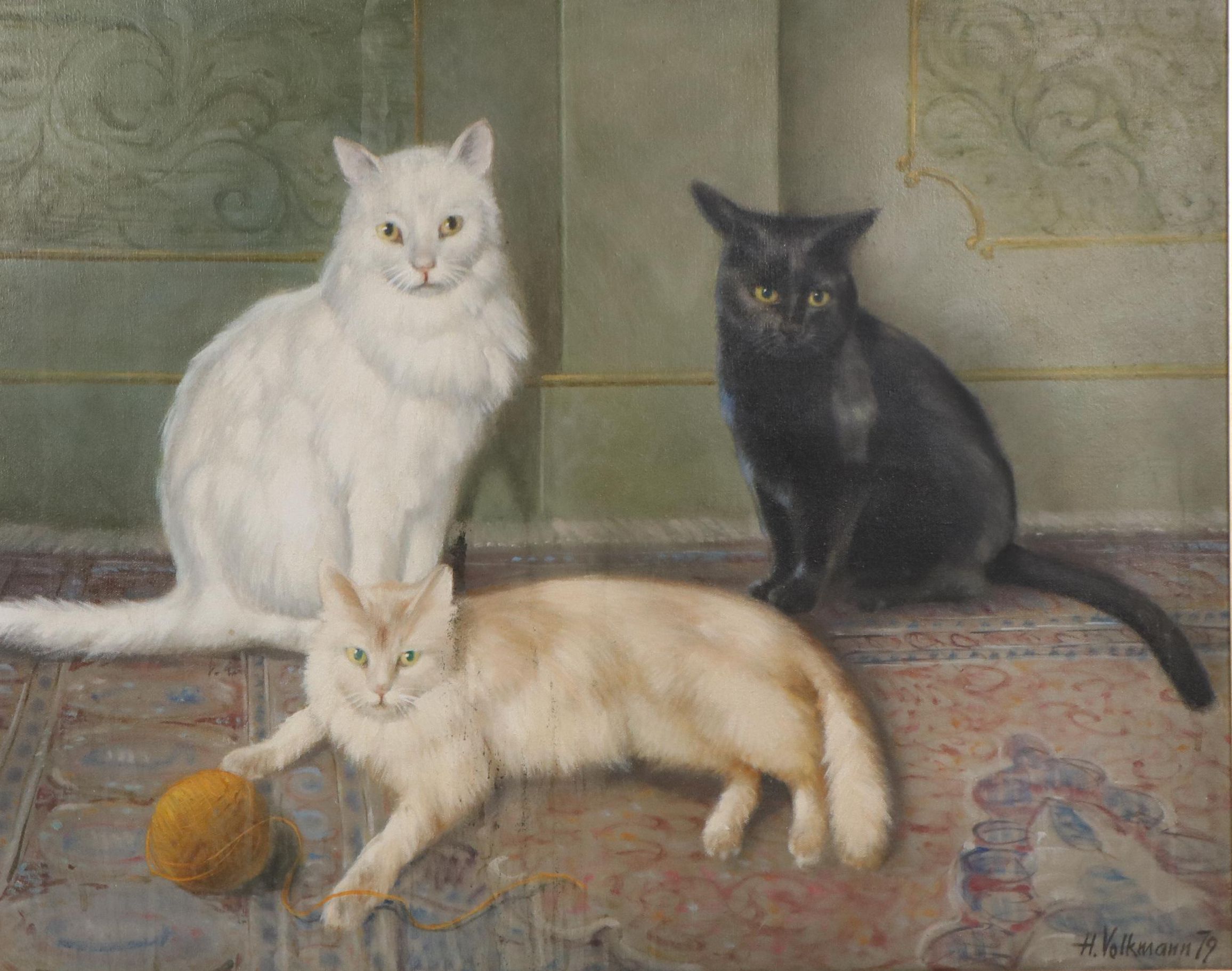 H. Volkmann Still Life Oil Painting of Three Cats, 1979