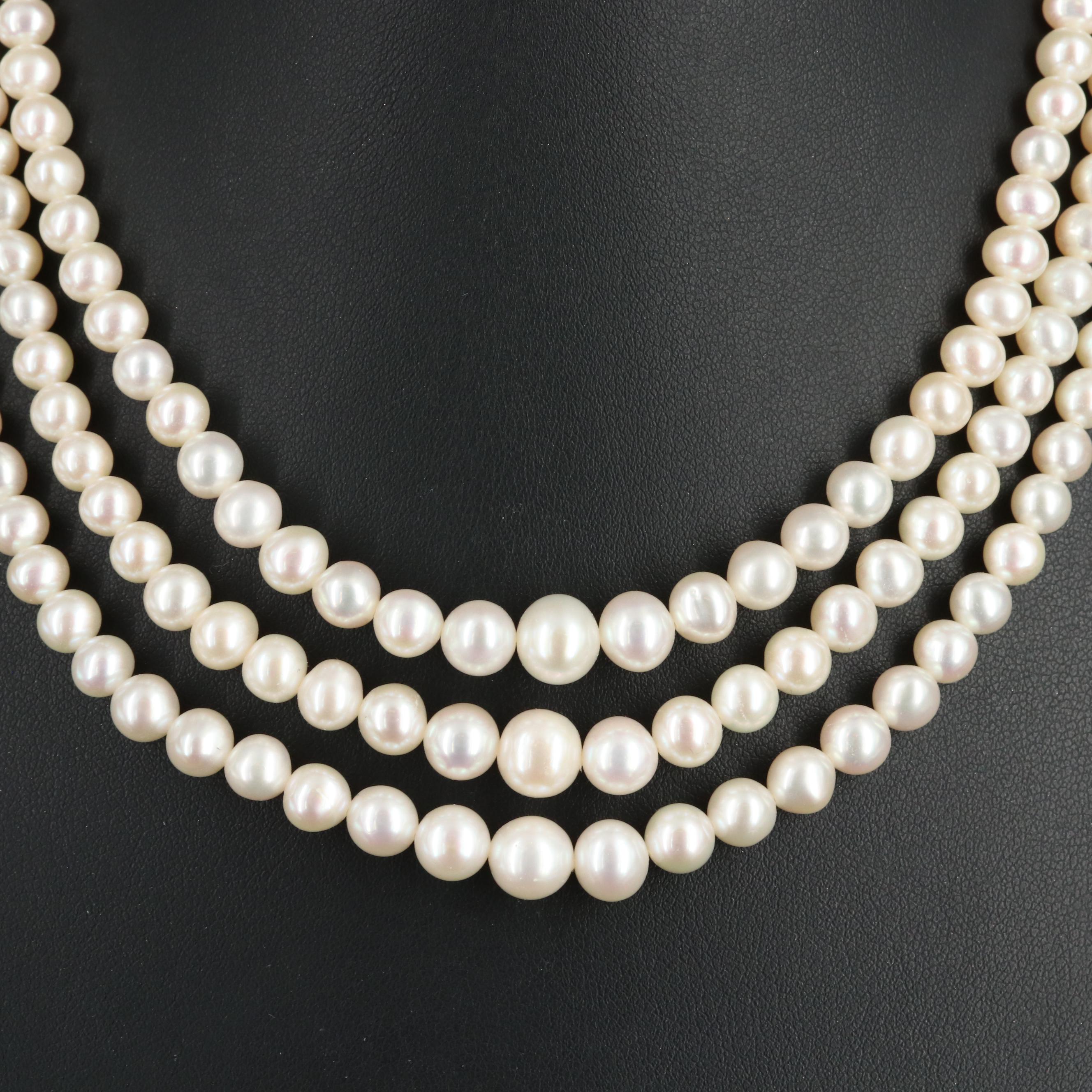 Triple Strand Pearl Necklace with 14K Clasp