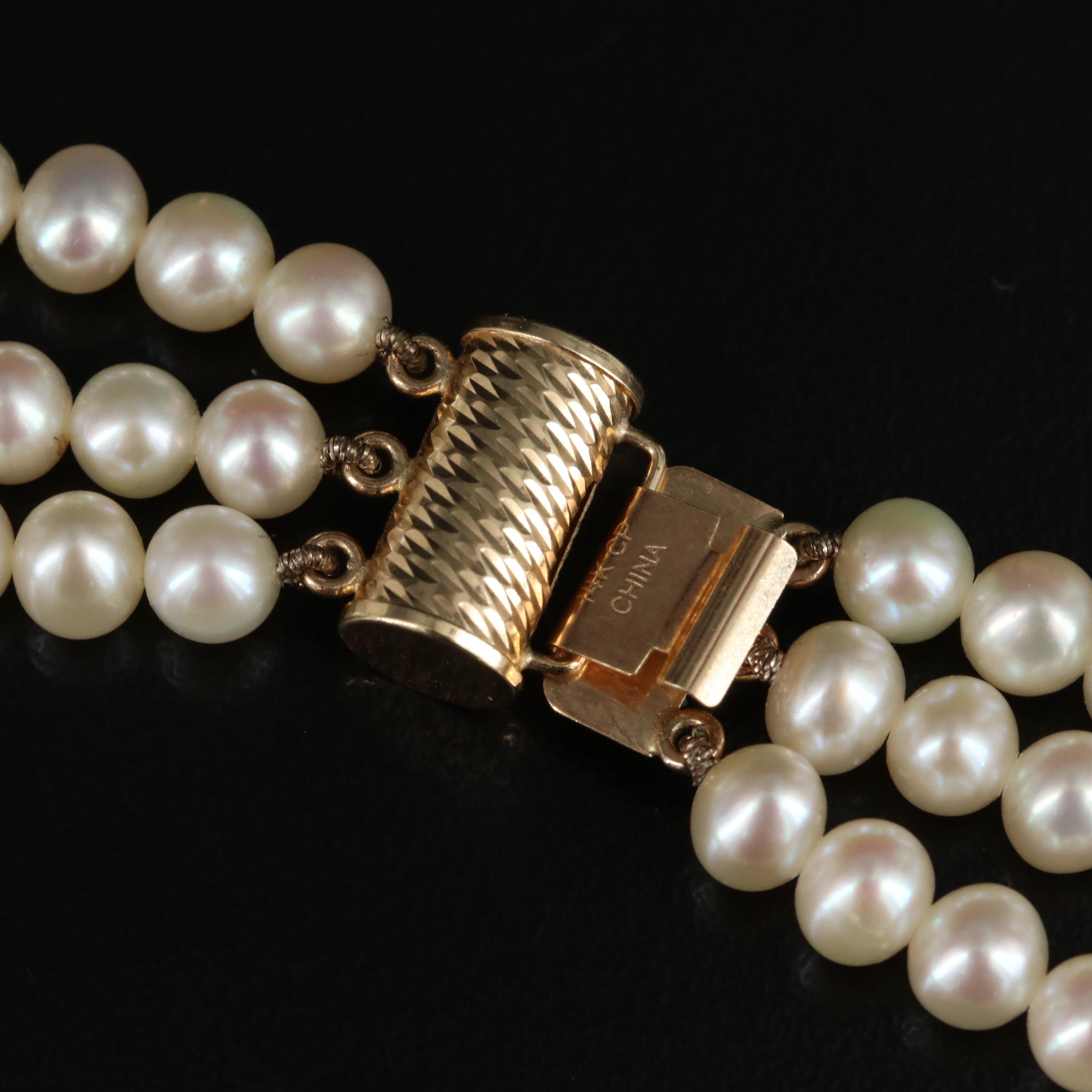 Triple Strand Pearl Necklace with 14K Clasp