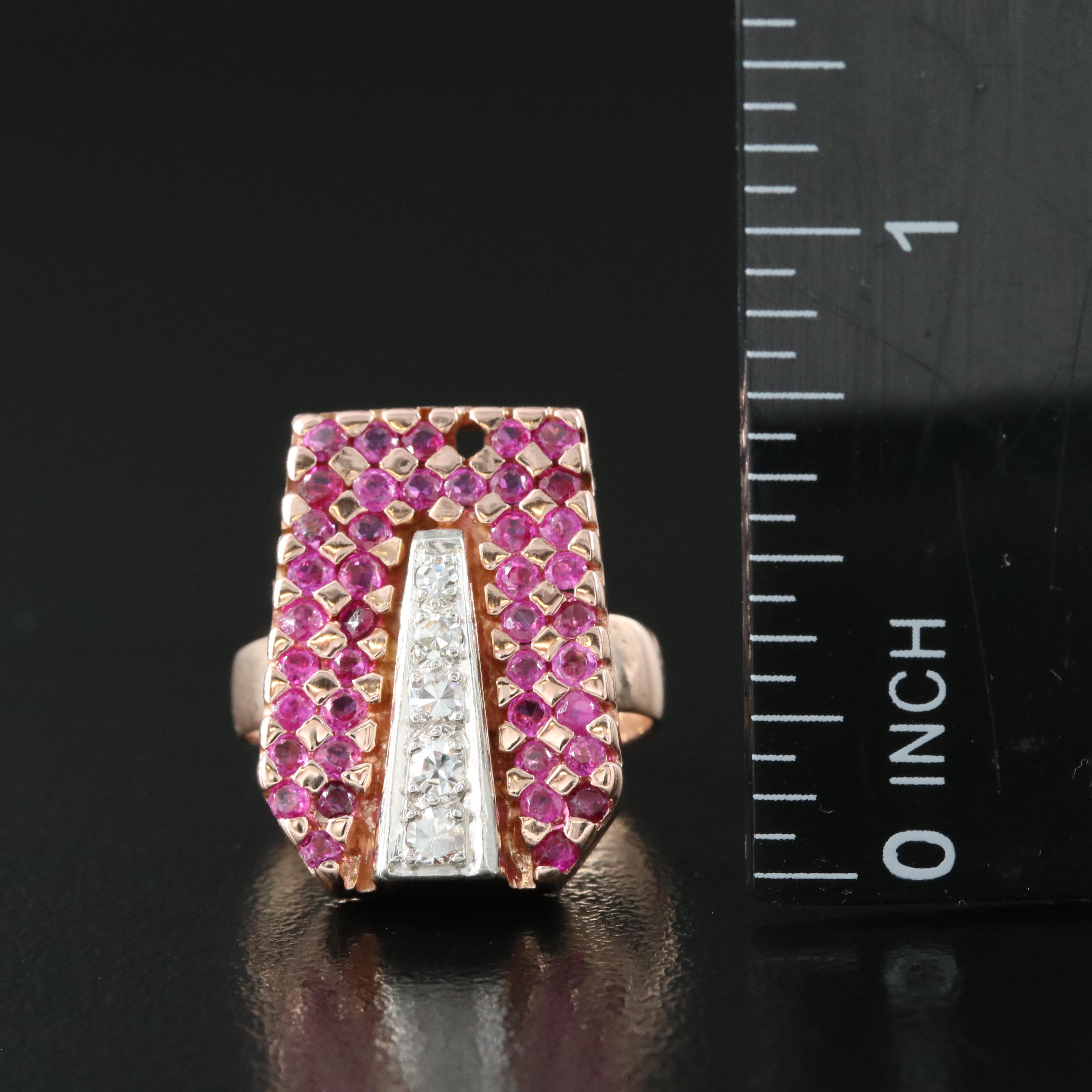Retro 14K Rose Gold Ruby and Diamond with Platinum Accent on 9K Band
