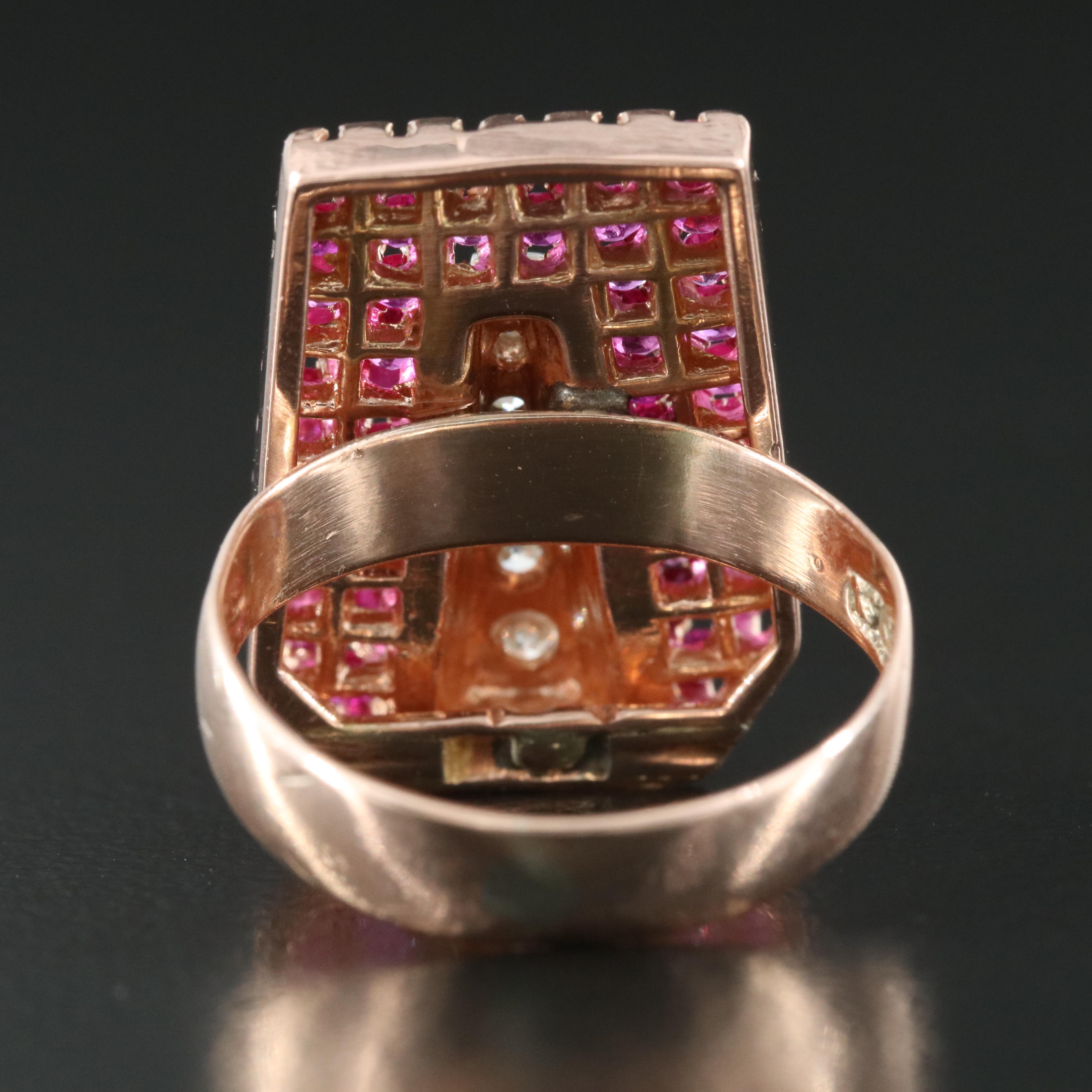 Retro 14K Rose Gold Ruby and Diamond with Platinum Accent on 9K Band