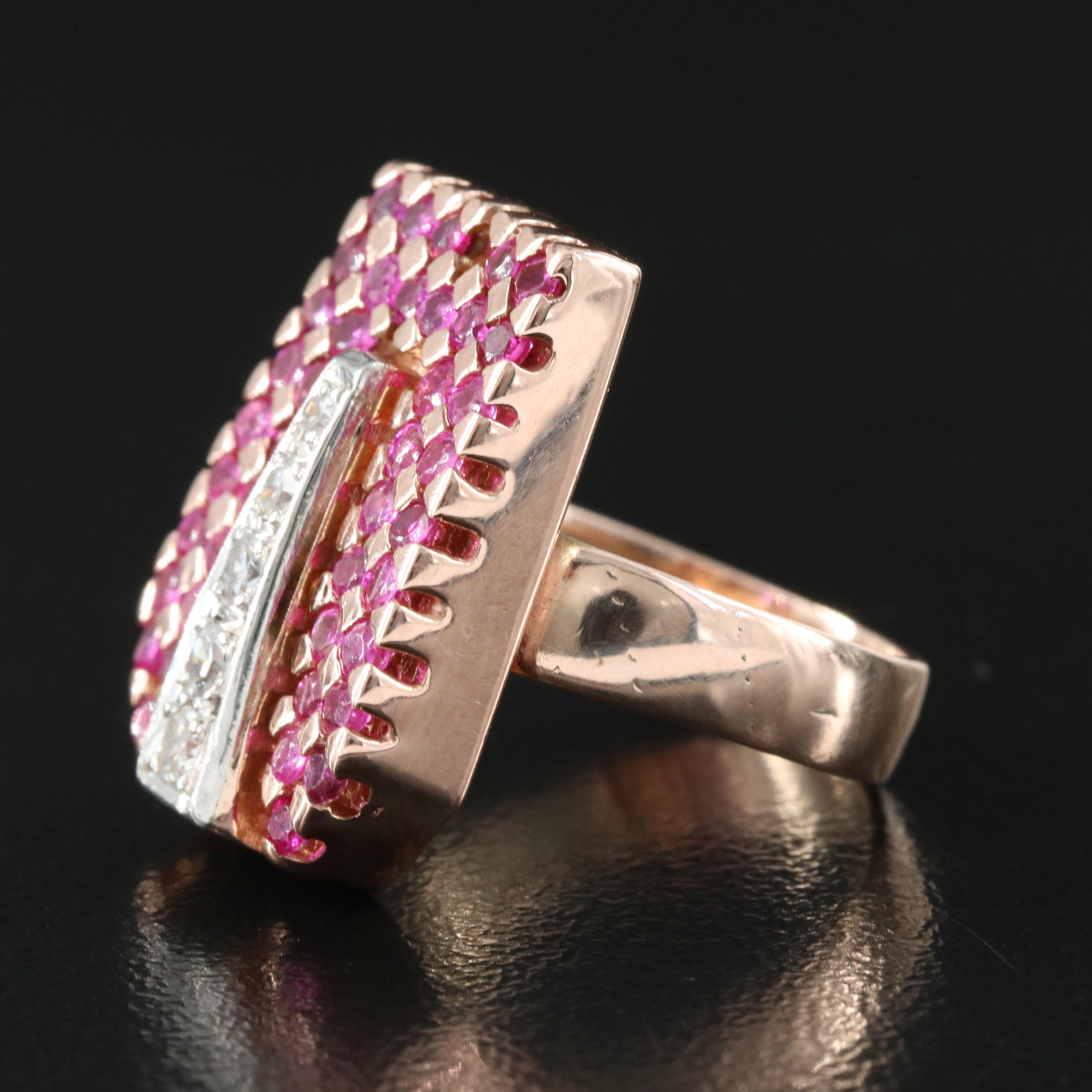 Retro 14K Rose Gold Ruby and Diamond with Platinum Accent on 9K Band