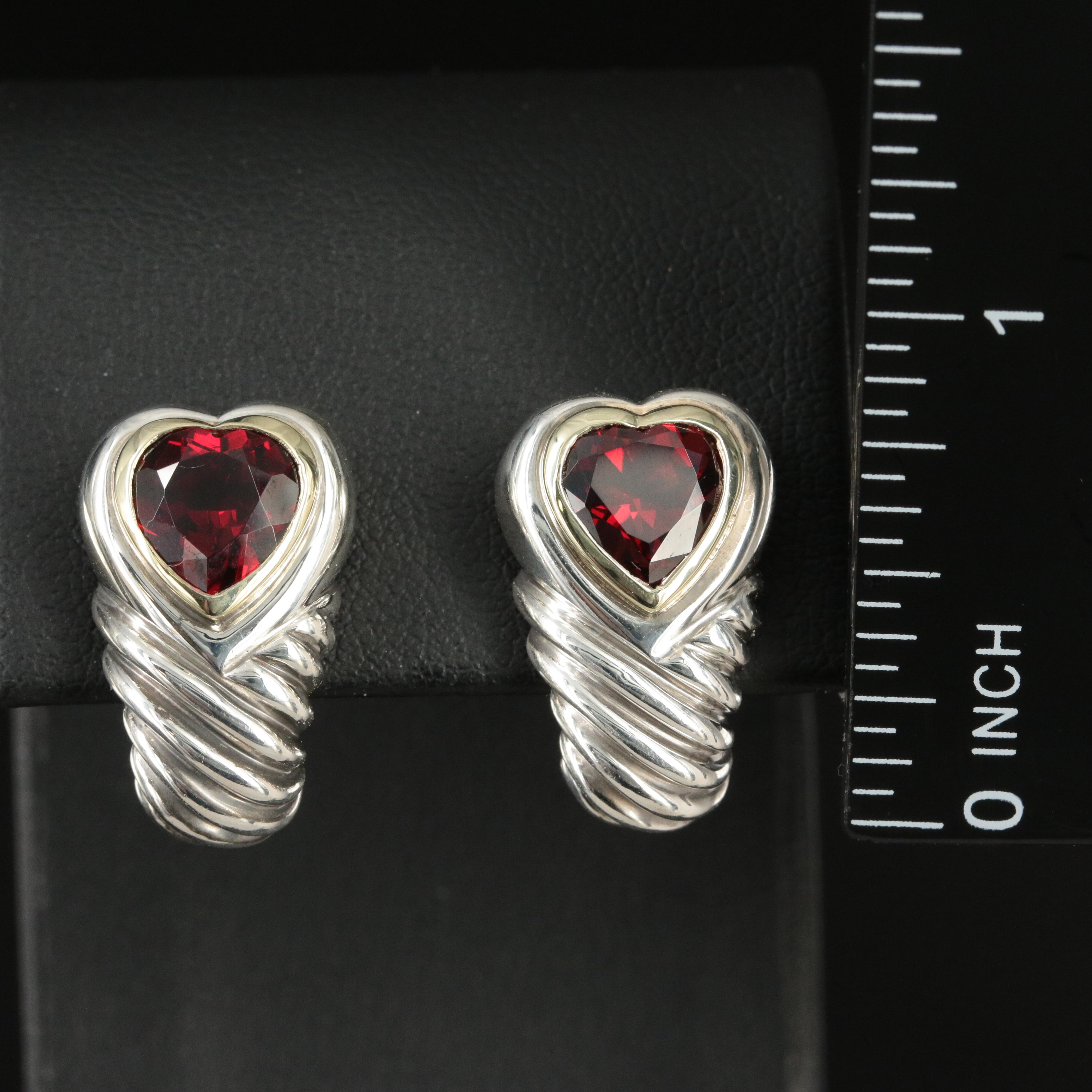 David Yurman Sterling and 14K Garnet Shrimp Heart Earrings