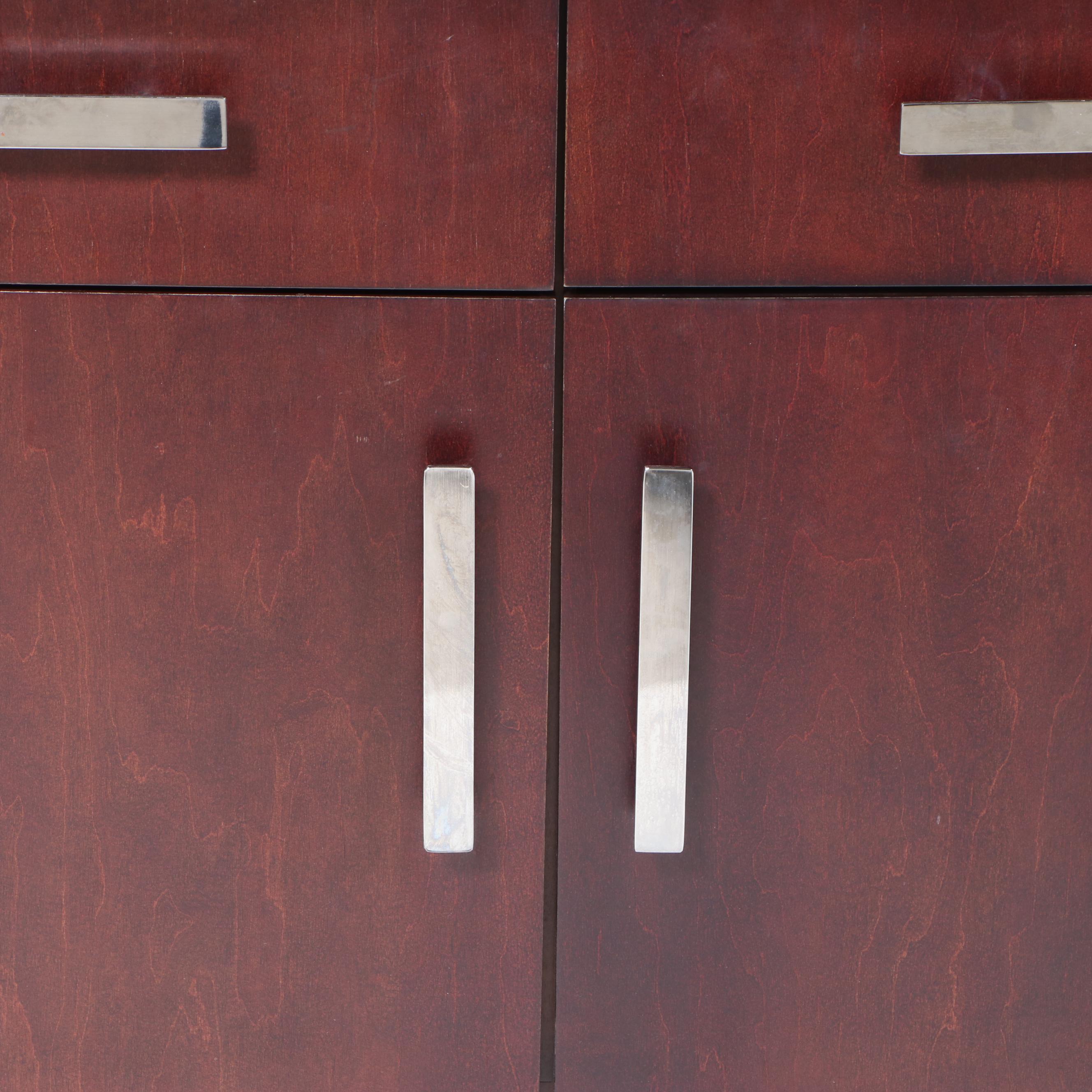 Modernist Style Chrome, Cherrywood-Stained, and Glass Top Credenza