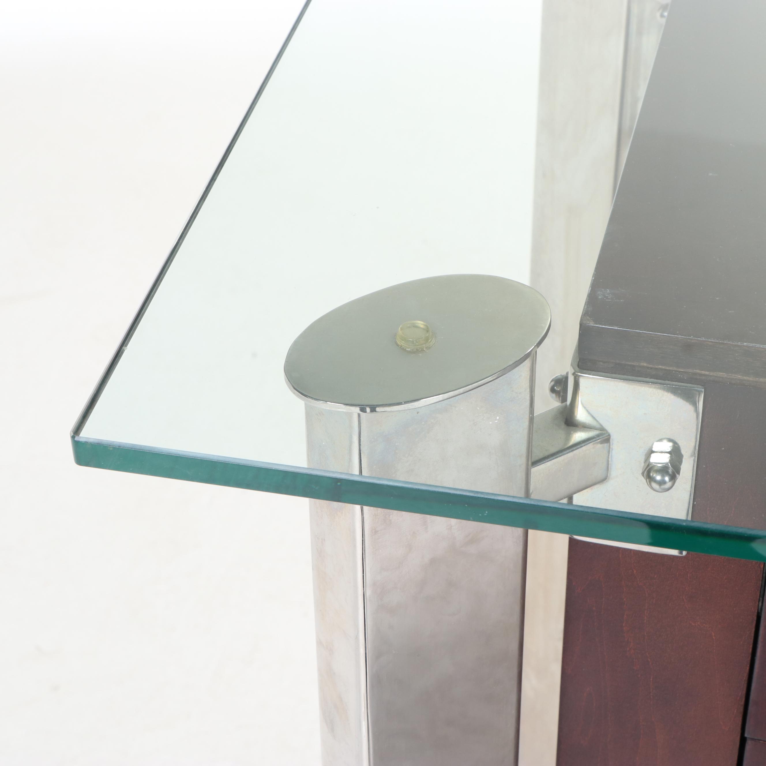 Modernist Style Chrome, Cherrywood-Stained, and Glass Top Credenza