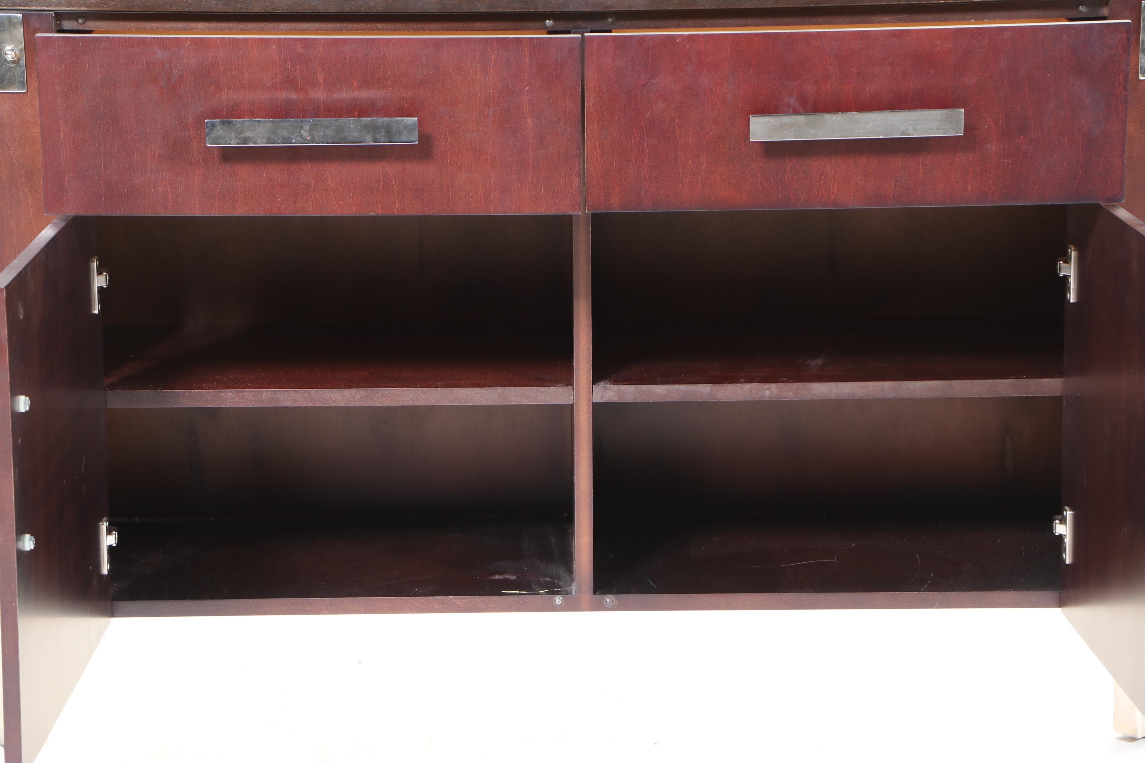 Modernist Style Chrome, Cherrywood-Stained, and Glass Top Credenza