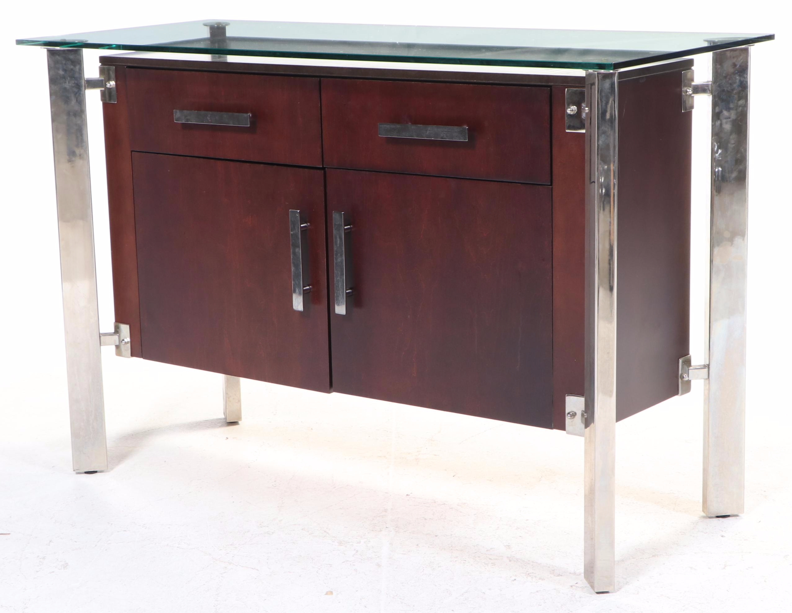 Modernist Style Chrome, Cherrywood-Stained, and Glass Top Credenza