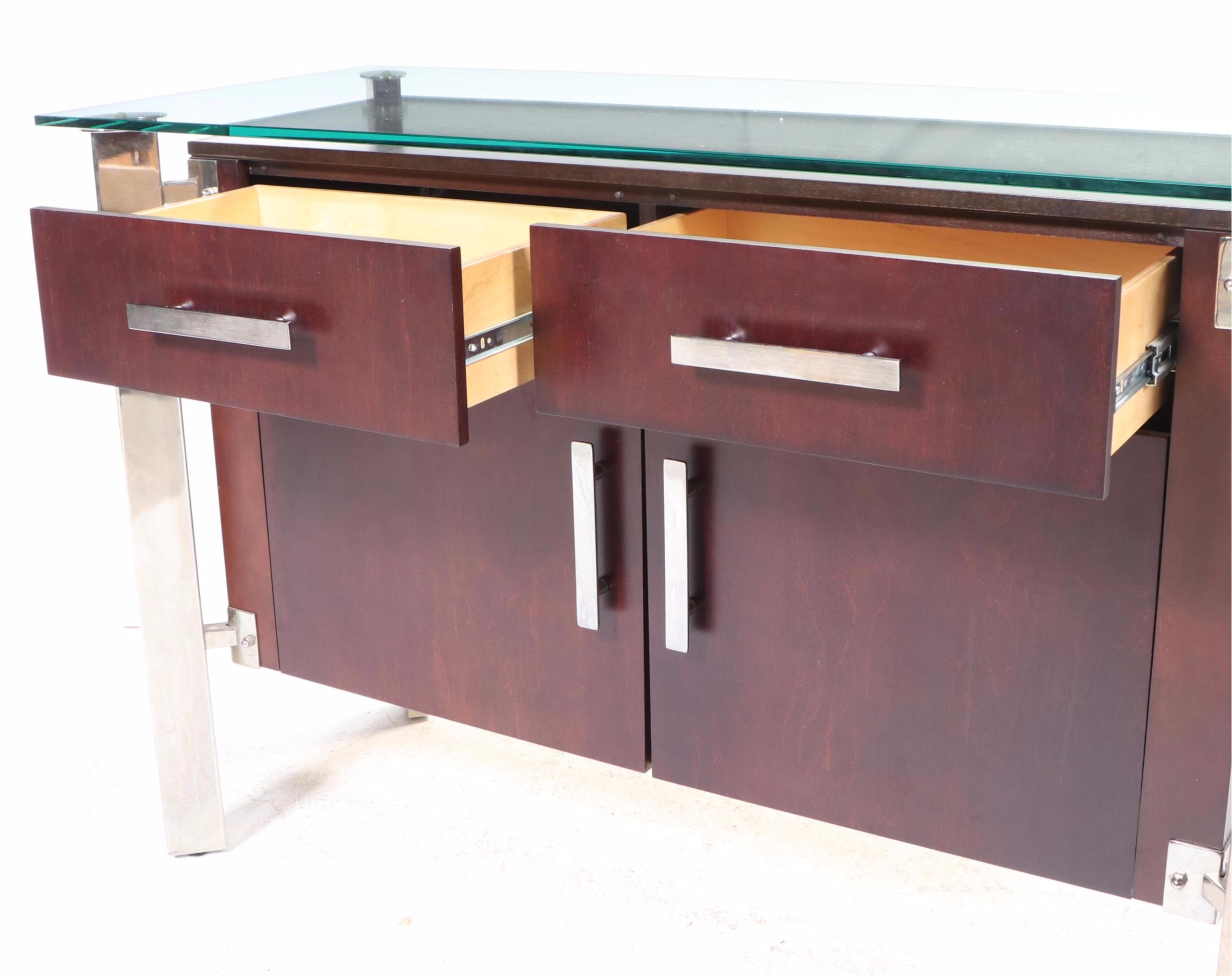 Modernist Style Chrome, Cherrywood-Stained, and Glass Top Credenza