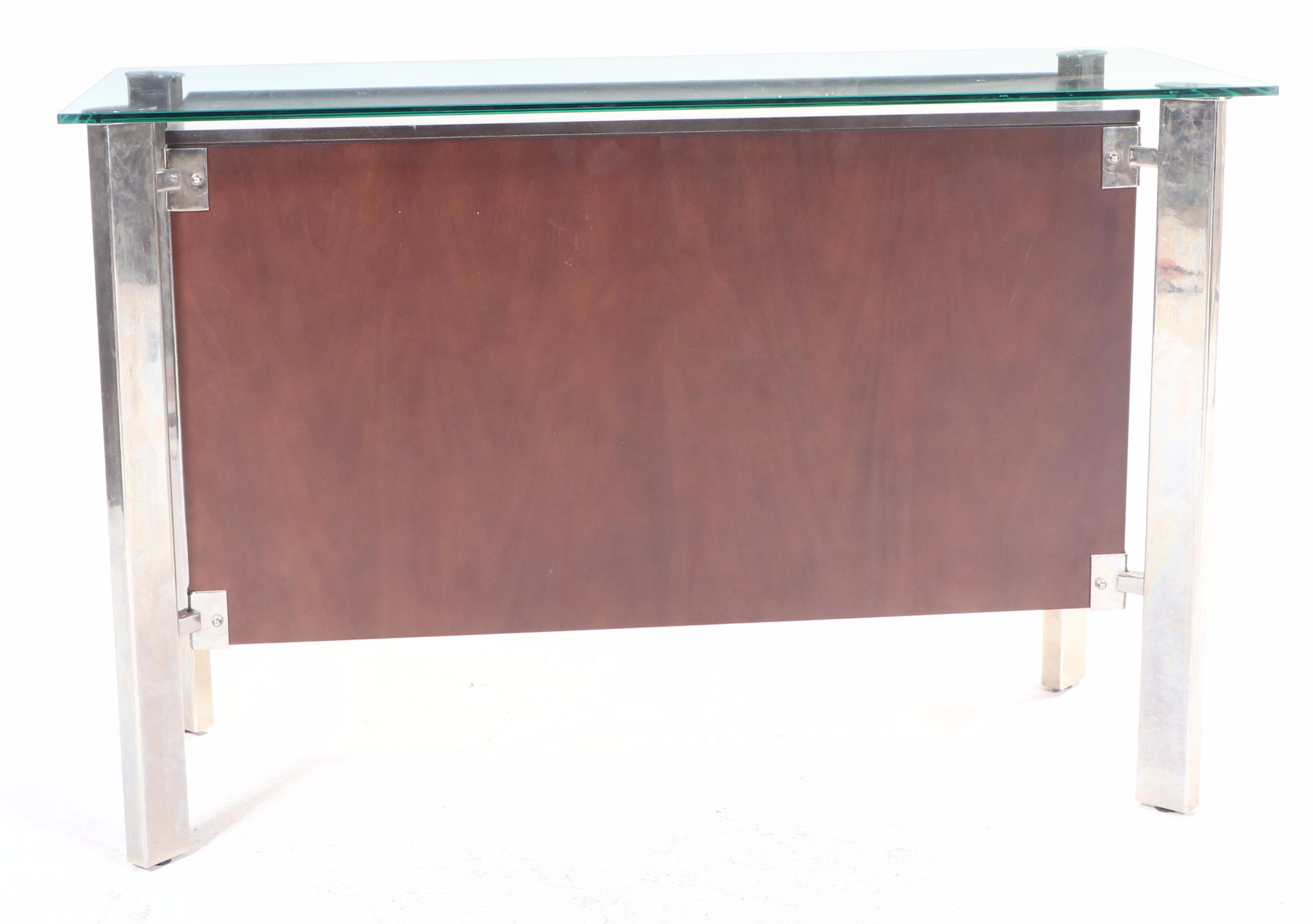 Modernist Style Chrome, Cherrywood-Stained, and Glass Top Credenza