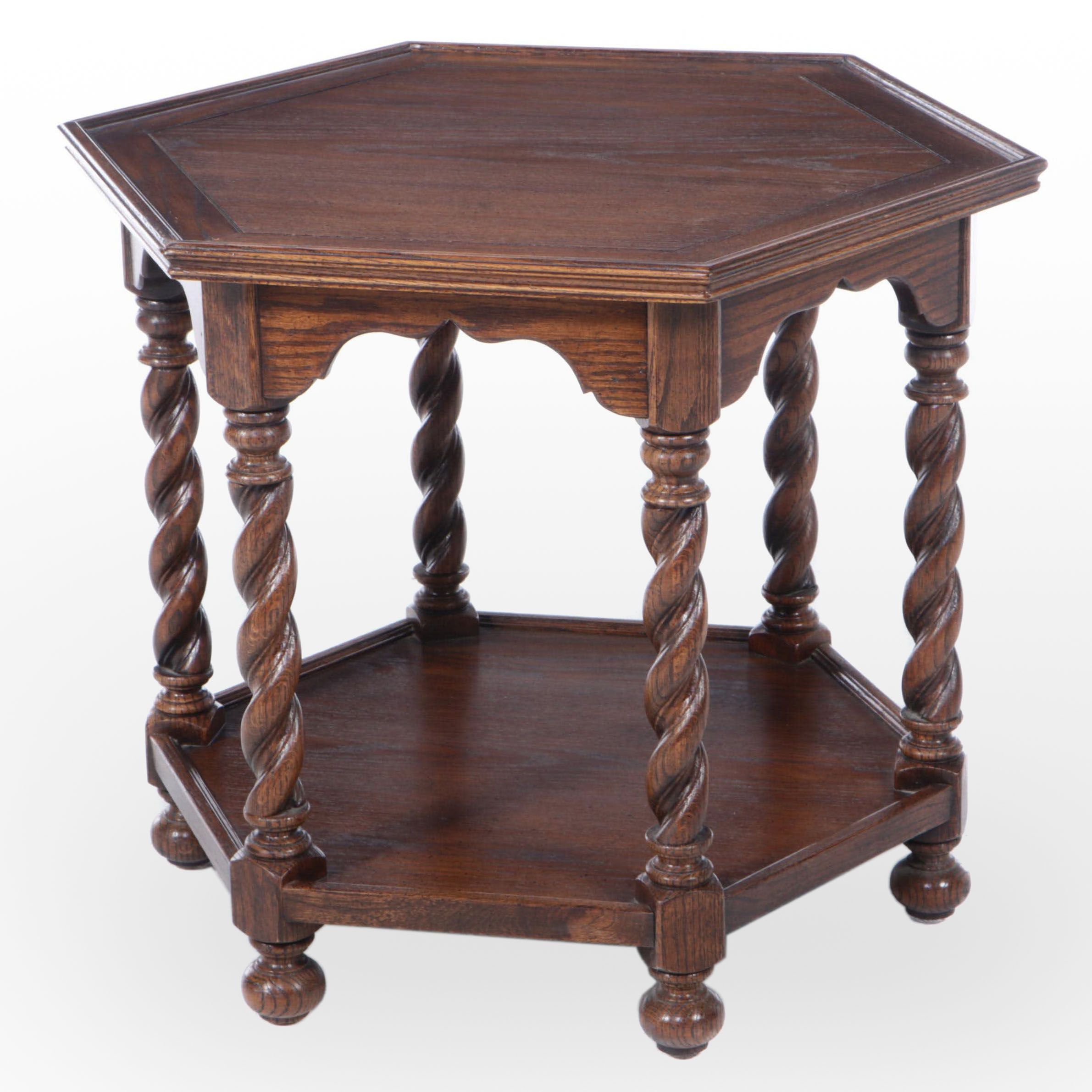 Ethan Allen Jacobean Style Oak Barley-Twist Hexagonal Side Table