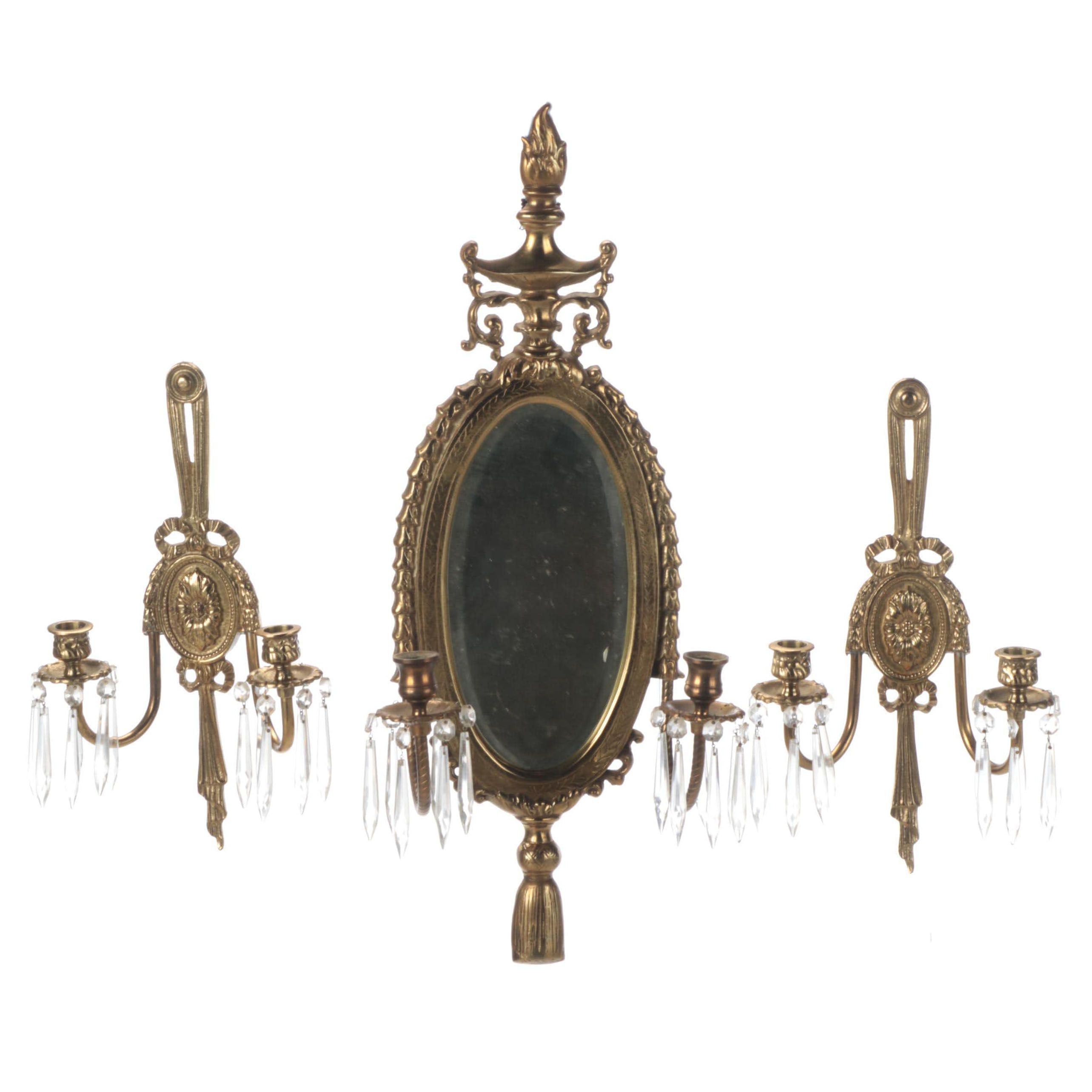 Adams Style Brass Mirror Candle Wall Sconce with Pair of Brass Candle Sconces