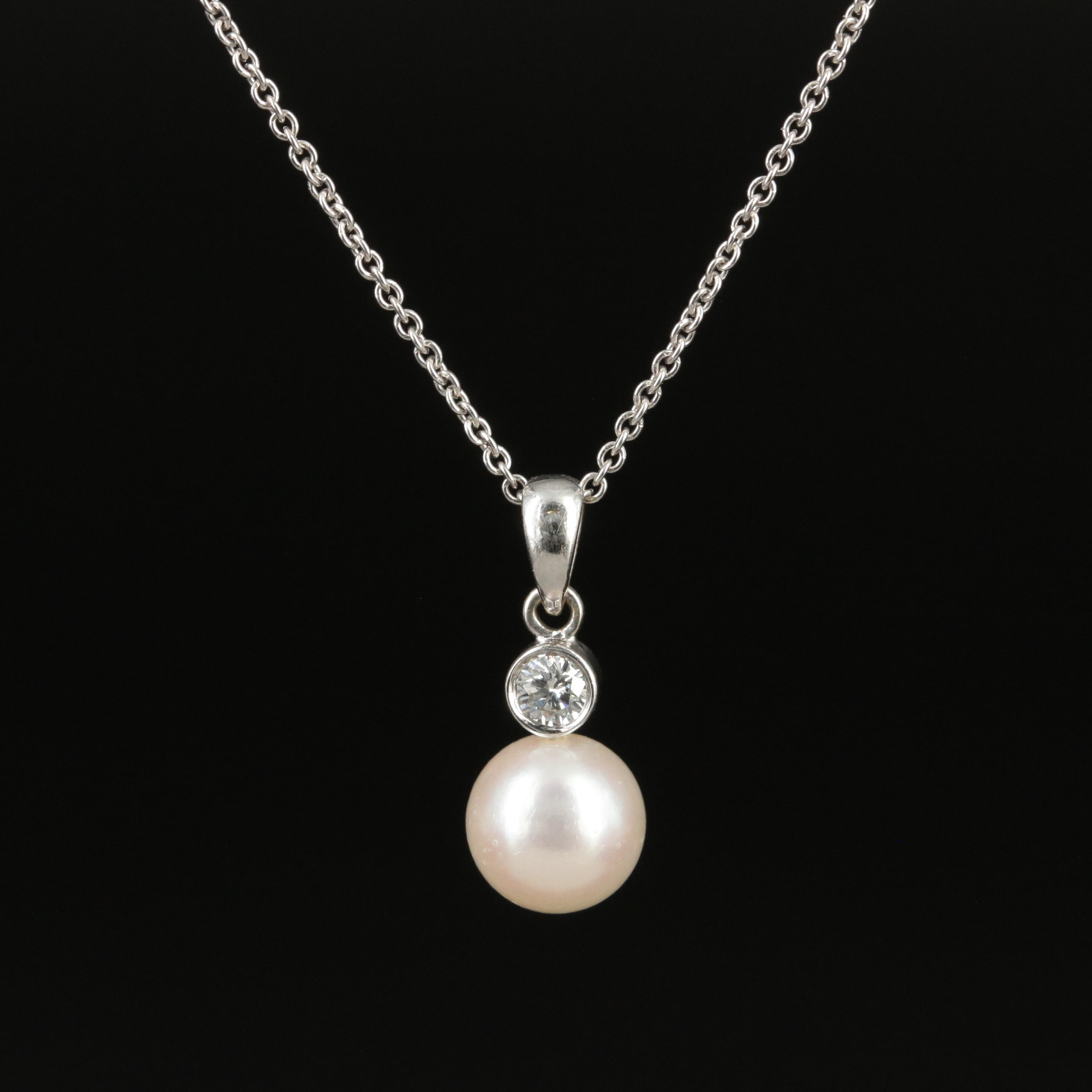 Mikimoto 18K Pearl and 0.12 CT Diamond Pendant on a 14K Cable Chain
