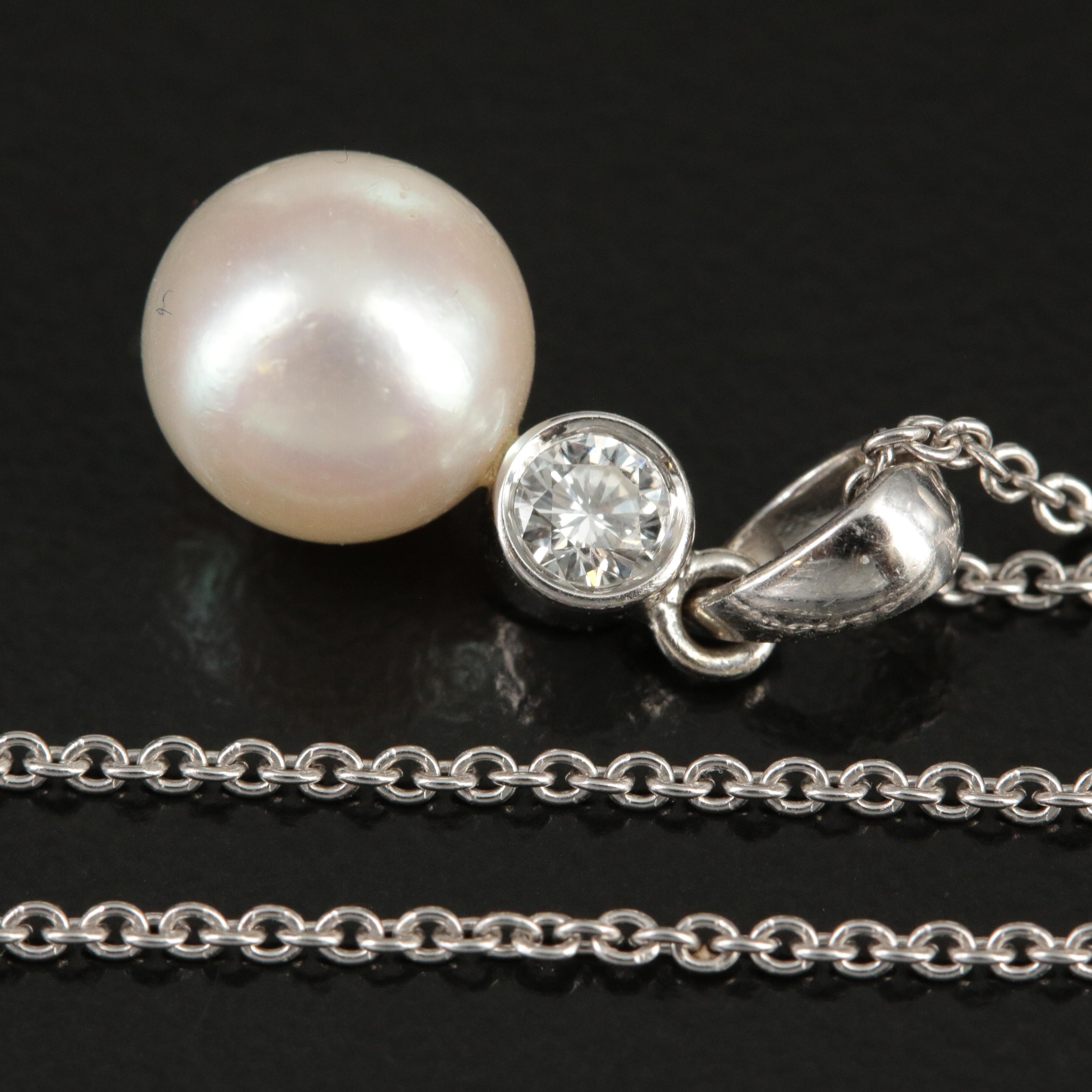 Mikimoto 18K Pearl and 0.12 CT Diamond Pendant on a 14K Cable Chain