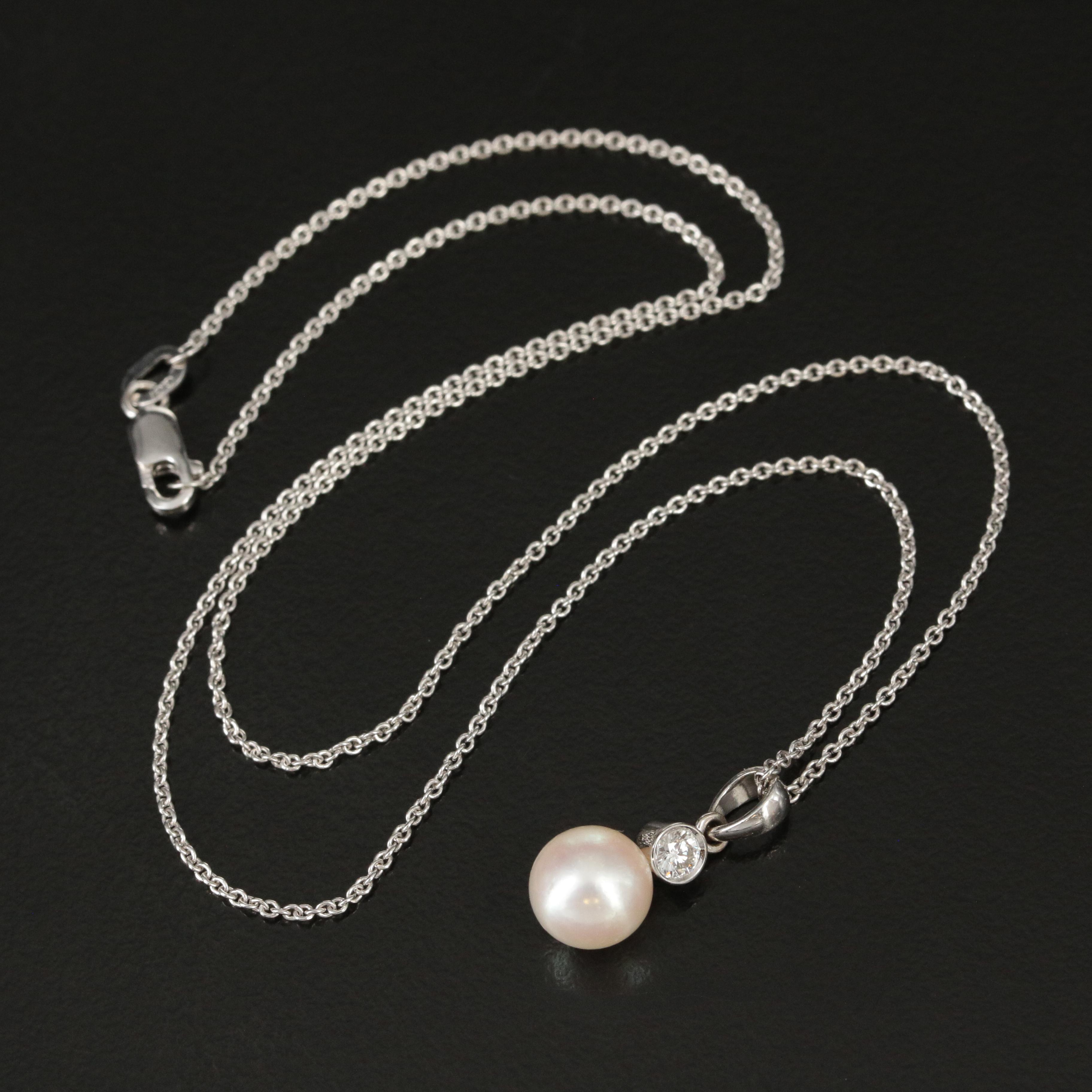 Mikimoto 18K Pearl and 0.12 CT Diamond Pendant on a 14K Cable Chain
